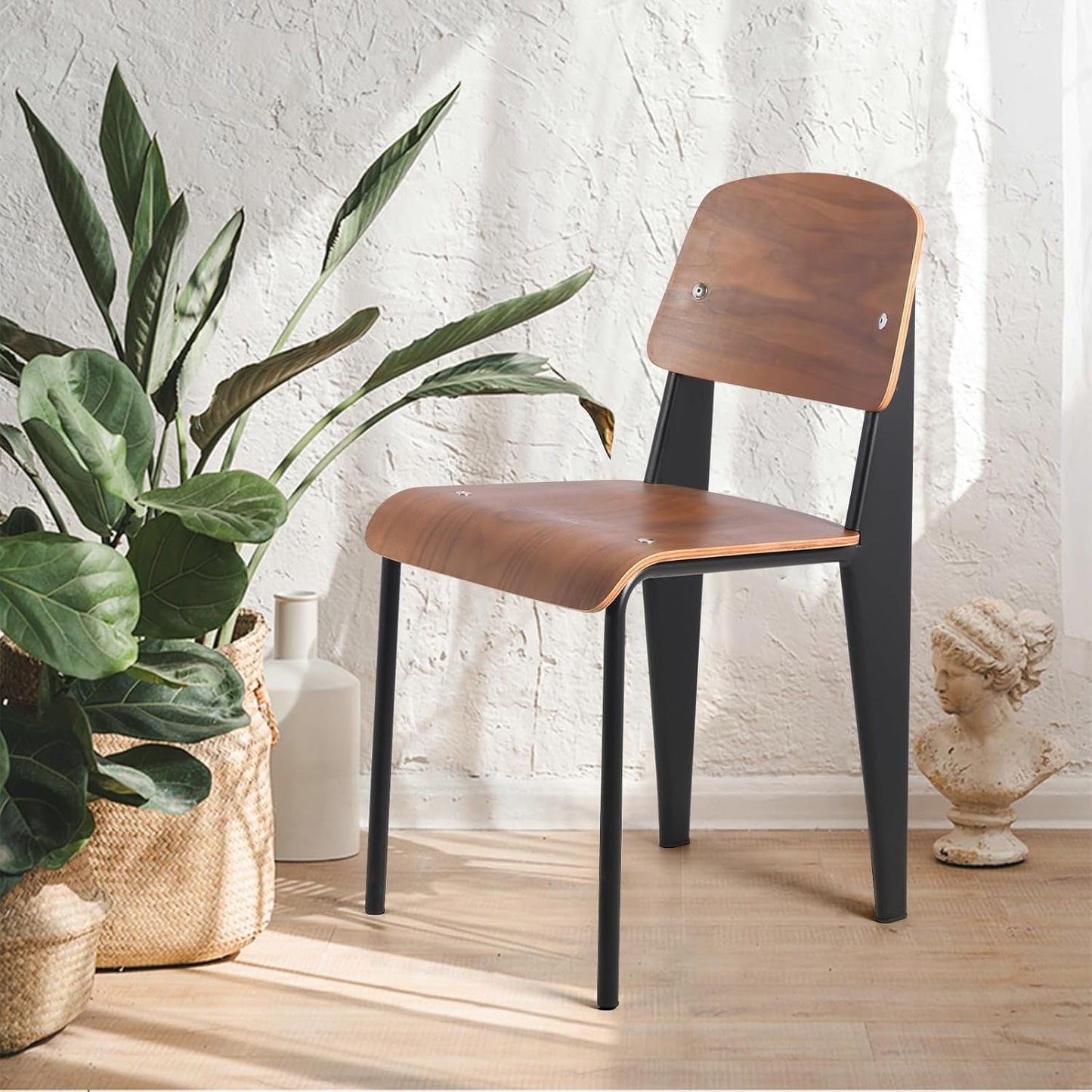 LOKKHAN Dining Chairs, Vintage Wood Metal Home Kitchen Breakfast Cafe Chairs, Backrest Stool, Study Chair, Modern Commercial Conference Restaurant Chairs, Walnut Seat-2-Pcs Set