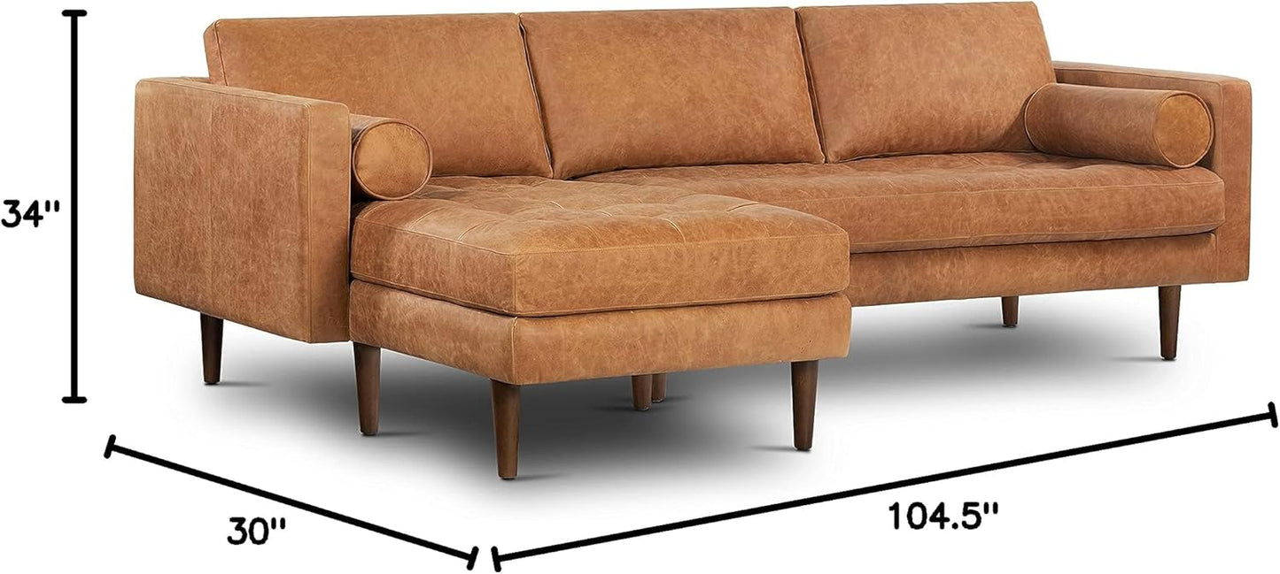 Poly & Bark Napa Leather Couch - Left Facing Sectional Sofa with 2 Bolsters - Full-Grain Leather Sofa for Living Room with Feather-Down Topper - Corner Couch - Vintage Italian Leather in Cognac Tan