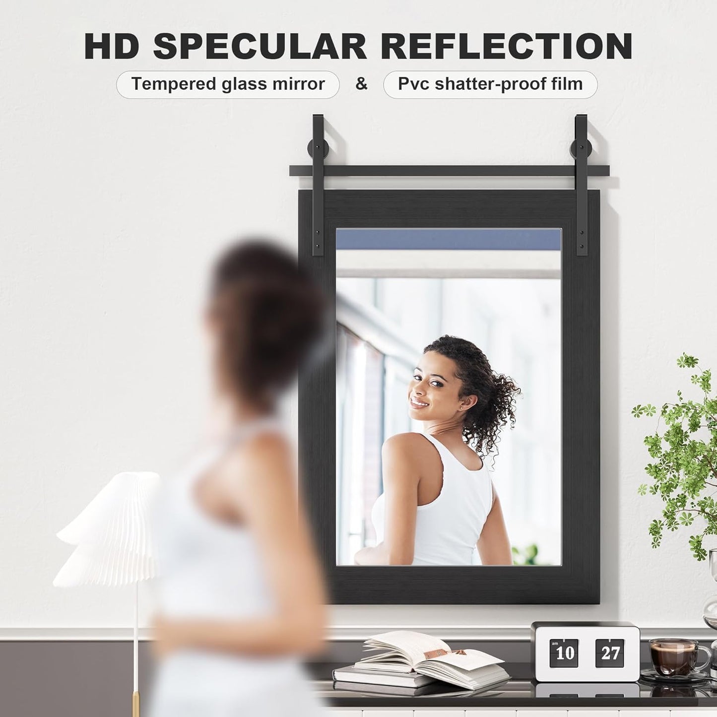 Hasipu Farmhouse Bathroom Mirror, 18"x26" Rustic Wood Framed Wall Mounted Mirror, Black Vintage Vanity Mirror Barn Door Style Decrative Mirrors