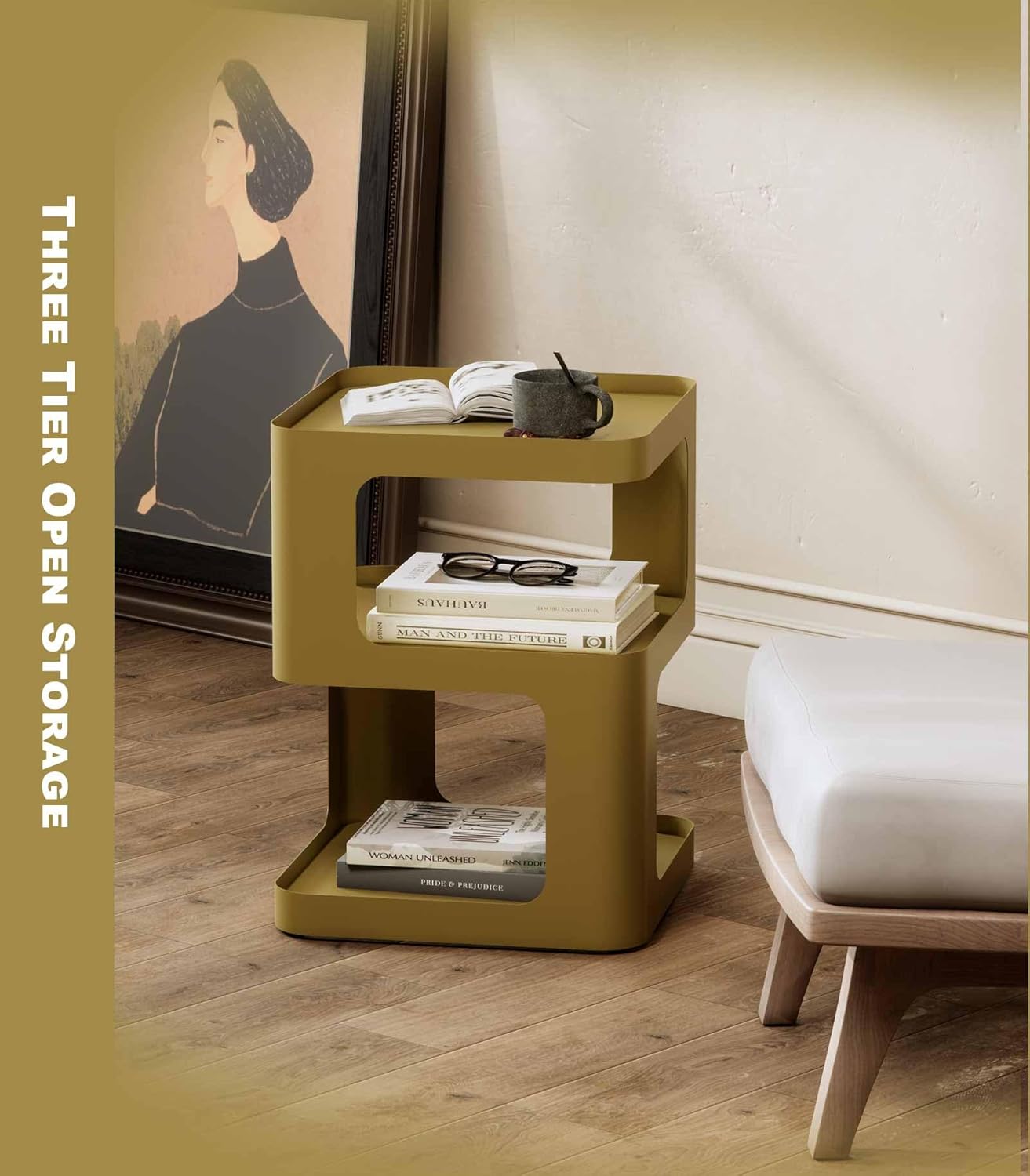 XIV Side Table, Small End Table, Modern Nightstand, Accent Bedside Table, 3 Tier Night Stands, Metal Bed Side Table for Living Room Bedroom Outdoor Entryway, No Assembly Required (Gold, Square)