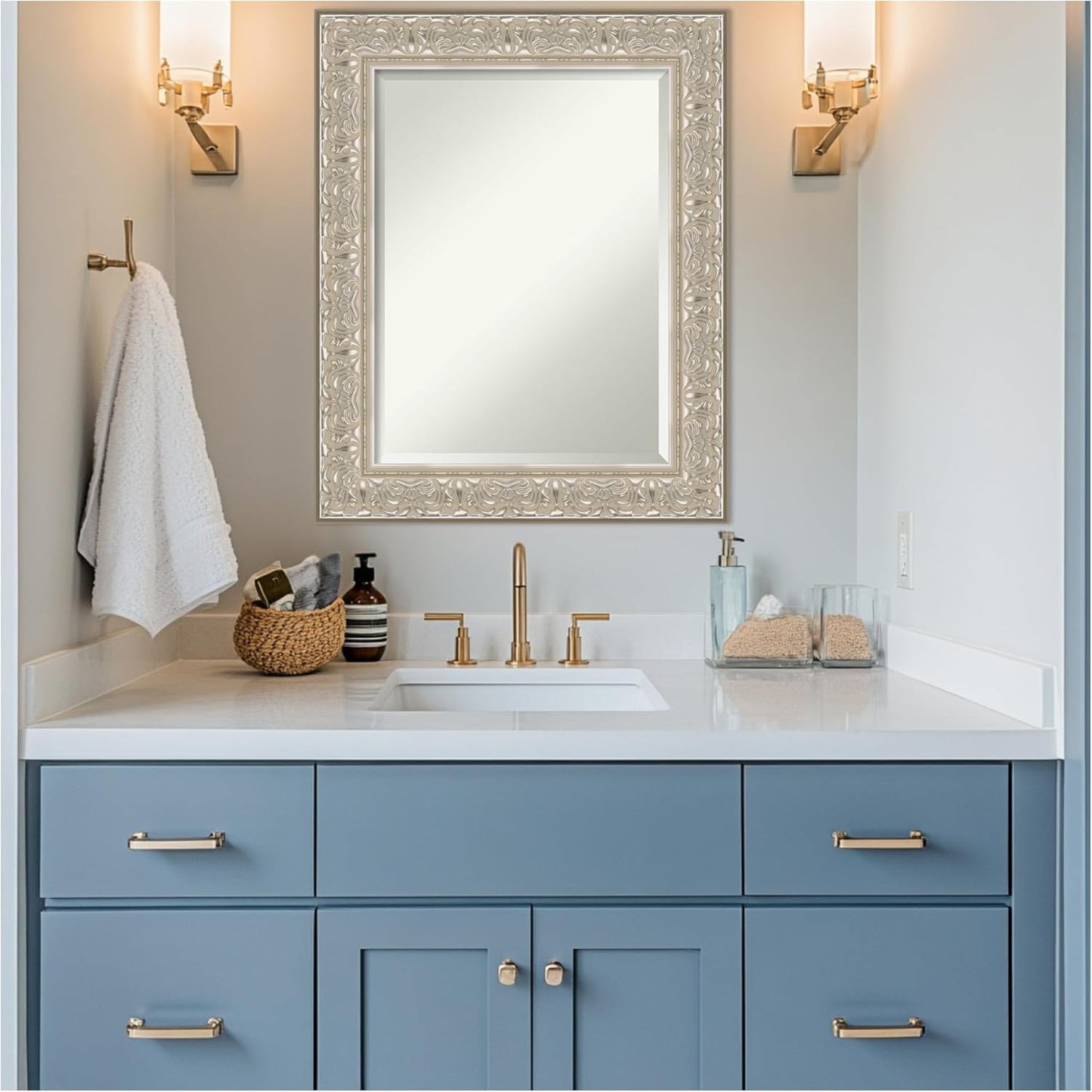 Amanti Art Silver Bathroom Mirror for Over Sink, 31x25 Luxe Silver Cream Rectangle Vanity Mirror, Medium Traditional Frame, Hangs Horizonally and Vertically, Bathroom Wall Decor, Beveled Edge