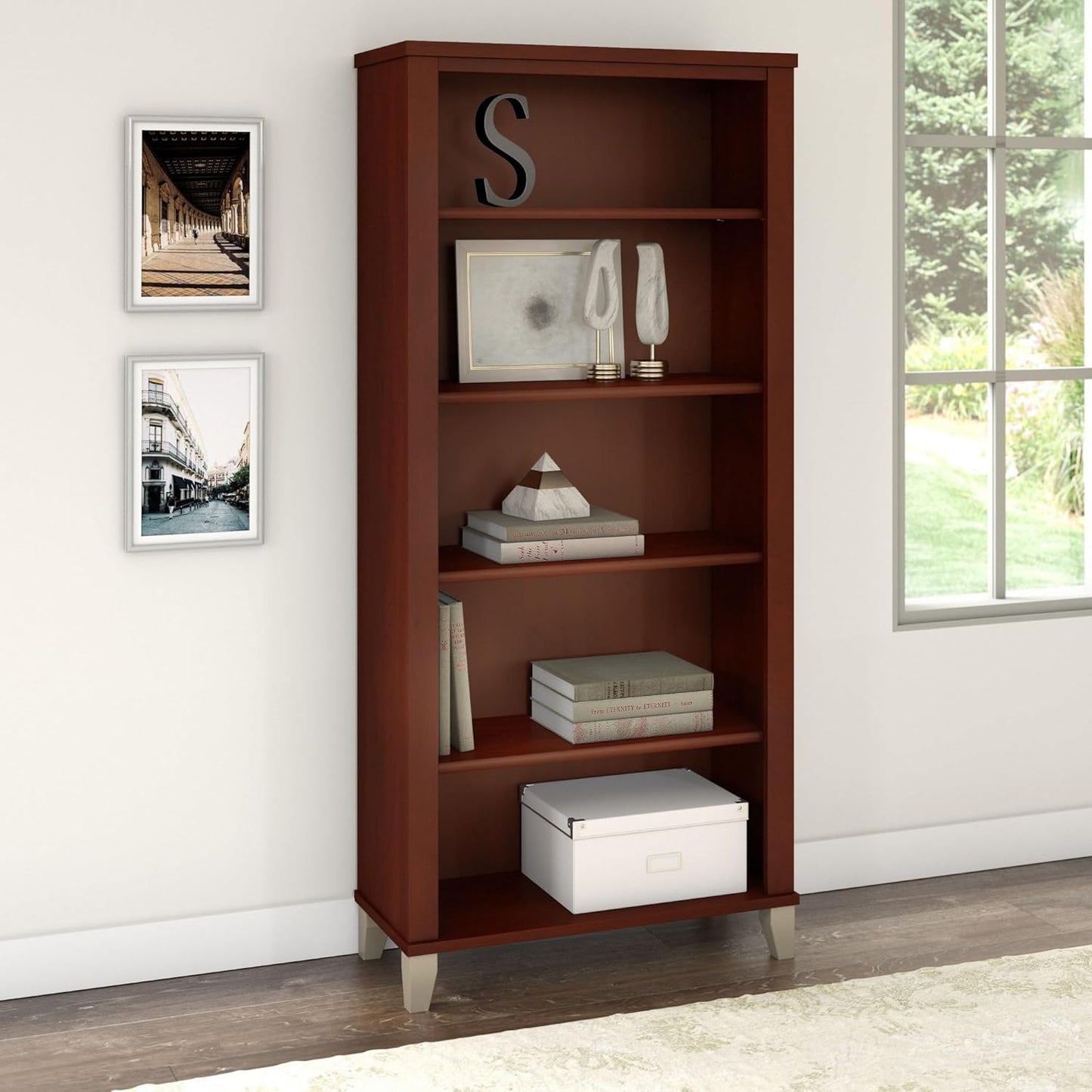 Bush Furniture WC81765 Bookcase, Bookshelf, Large Book Living Room, Home Office, or Entryway, Tall 5 Shelf, Hansen Cherry