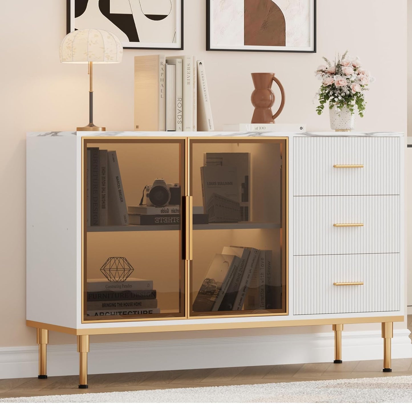 Buffet Sideboard Cabinet with Storage, 46.4" Large Fluted Kitchen Sideboard Cabinet with 2 Glass Doors 3 Drawers and Shelves, Faux Marble Top Buffet Table for Dining Room, Living Room, White