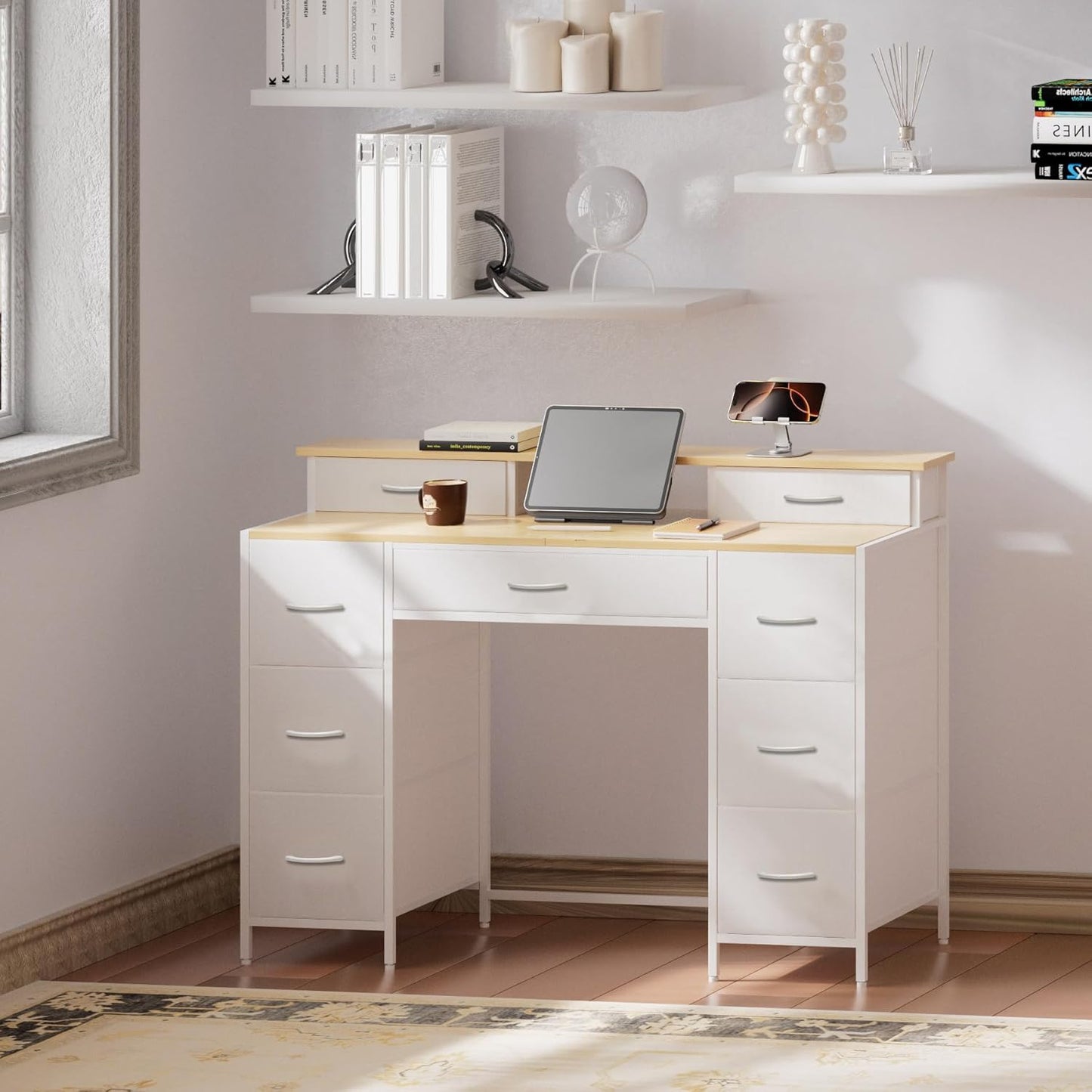 Dresser for Bedroom with 9 Drawers & 2 Open Shelves, Fabric Storage Dresser, Chest of Drawers, Long Dresser for Closet, Wooden Top & Metal Frame, Classic White