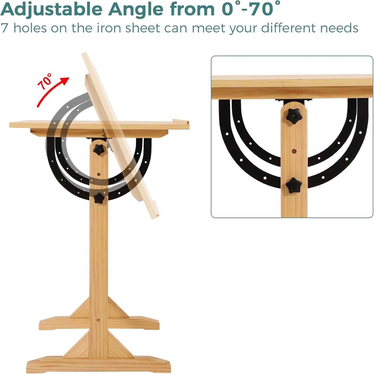 VISWIN Wood Drafting Table for Adults, 24'' x 35" Drawing Table with Adjustable Angle for Art Studio, 34" Height Solid Pine Wood Artist Desk for Drawing, Drafting, Writing, Reading, Sketching