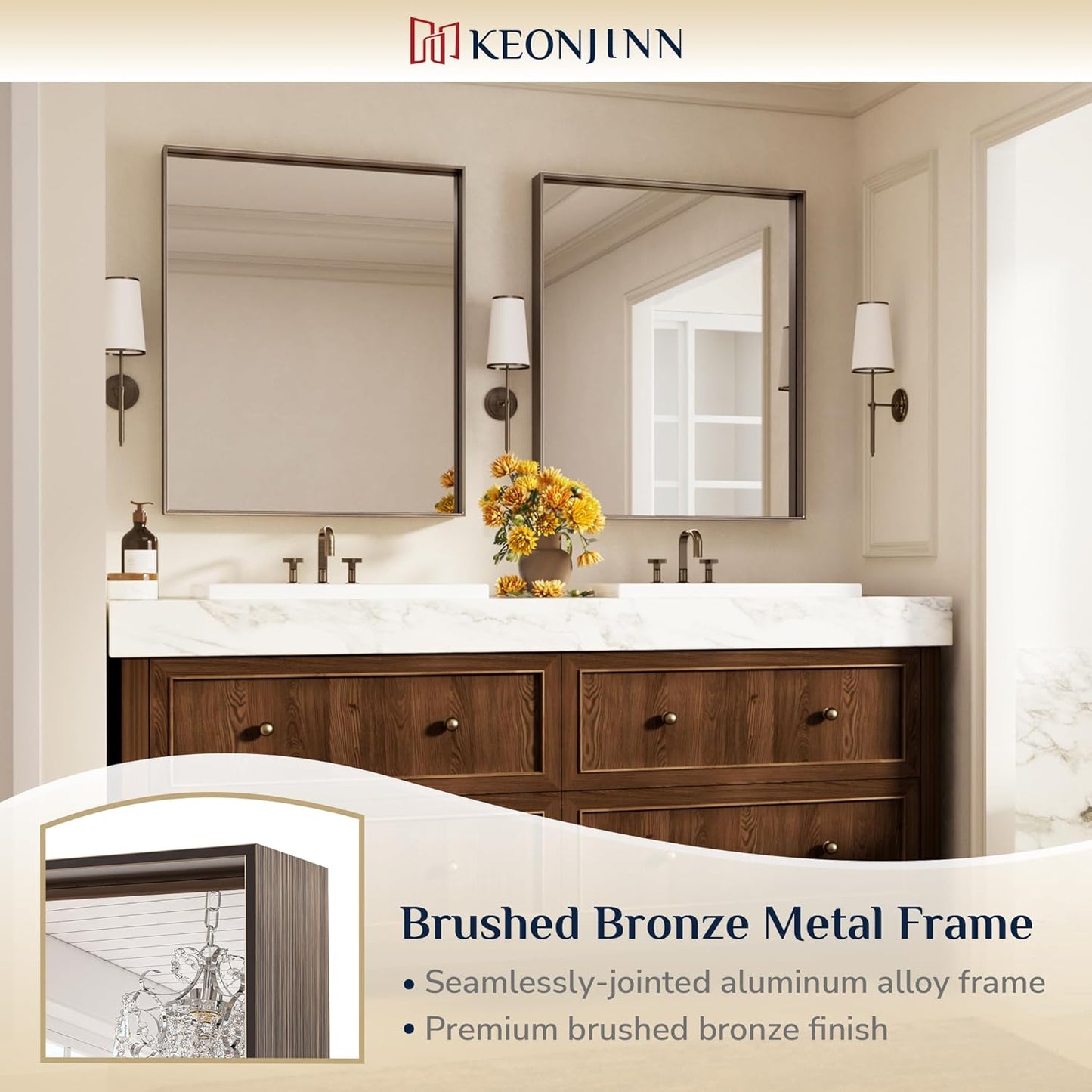 Keonjinn 30 x 36 Inch Brushed Bronze Bathroom Mirror, Metal Framed Rectangular Vanity Mirror for Wall, Square Corner, Modern Farmhouse, Rectangle Bathroom Mirrors for Over Sink(Horizontal/Vertical)