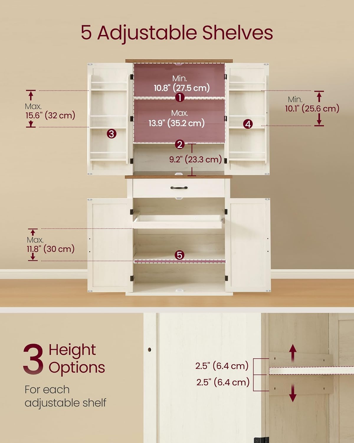 VASAGLE LIRY Collection - Pantry Cabinet, 70.3-Inch Tall Farmhouse Kitchen Storage Cabinet with Barn Doors, Drawer, Tray, Adjustable Shelves, for Kitchen, Dining Room, Rustic White UBBK364W01