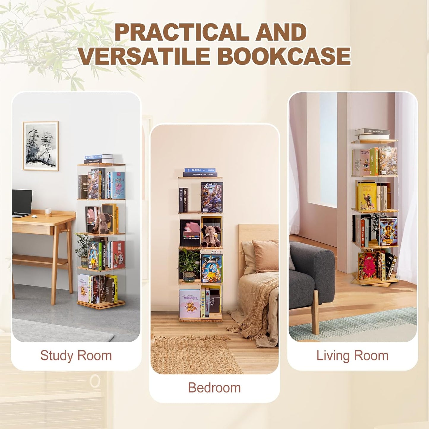 Rotating Bookshelf, 360 Degree Revolving Bookcase, 4-Tier Spinning Bookshelf, Clear Acrylic & Solid Wood Rotating Bookcase for Kid’s Playroom, Bedroom and Living Room, Square