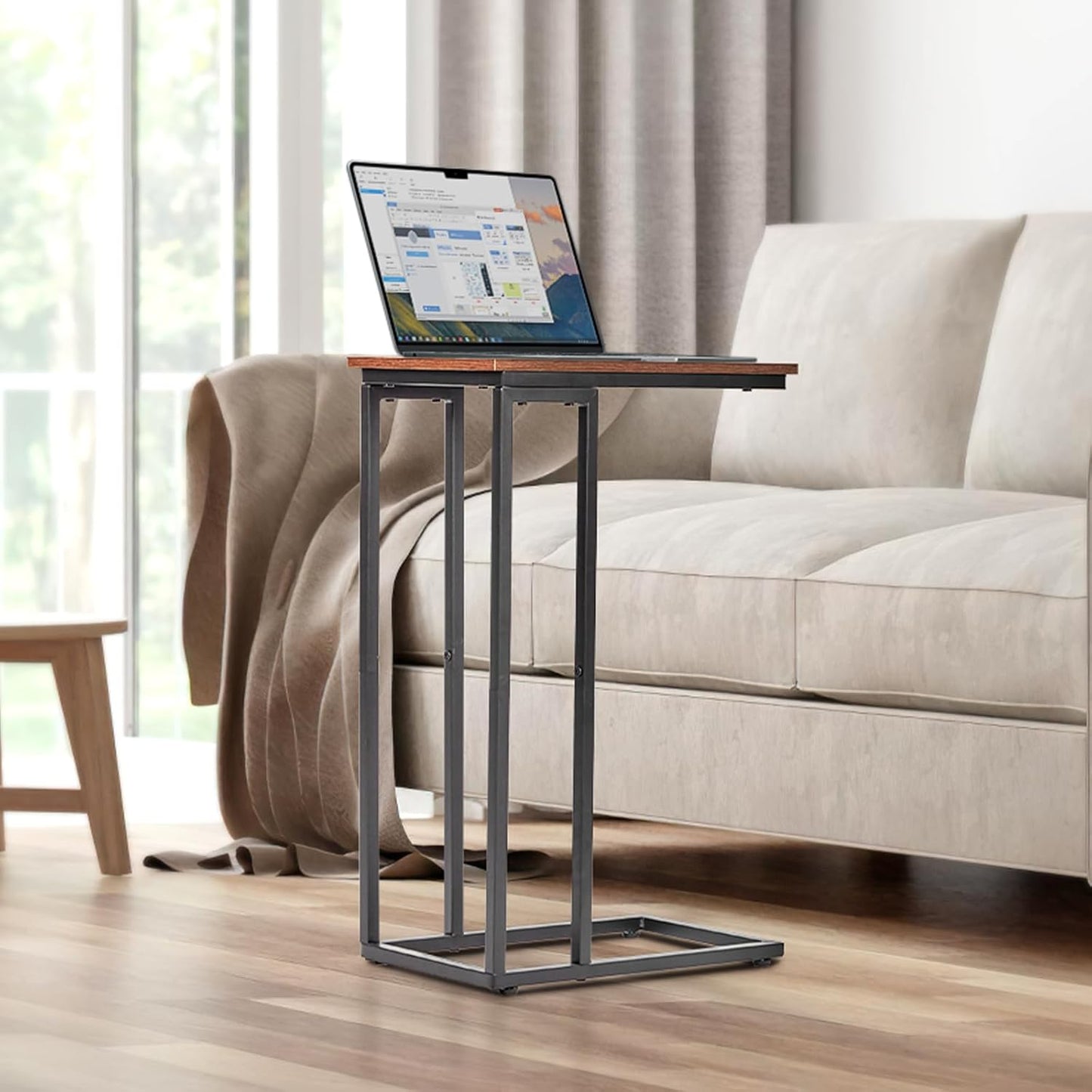 C-Shaped End Table, for Living Room, Bedroom, Small Spaces, TV Tray Couch Side Tables Laptop Table, Rustic Brown and Black