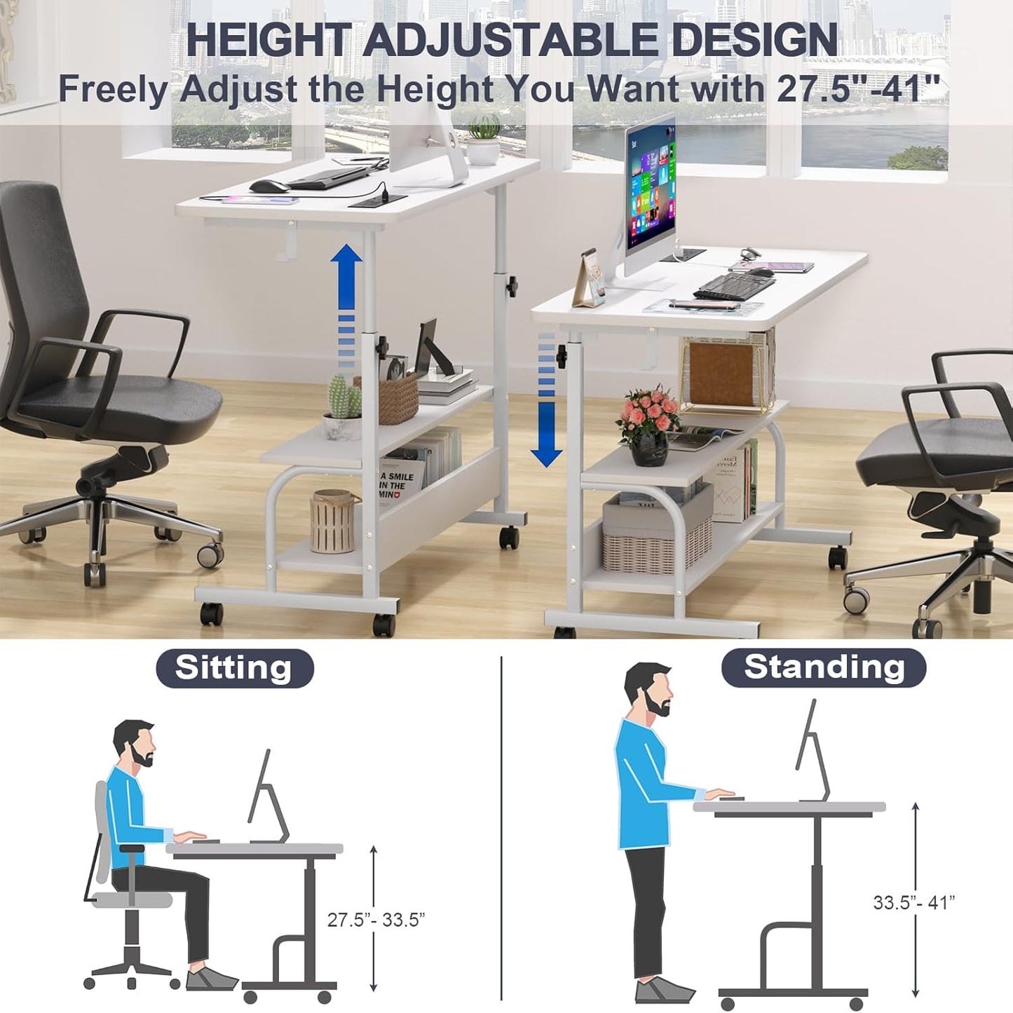 Armocity Height Adjustable Standing Desk with Power Outlets, 39" Manual Stand Up Desk with Storage Shelves Small Mobile Rolling Computer Desk Portable Laptop Table with Wheels for Home Office, White