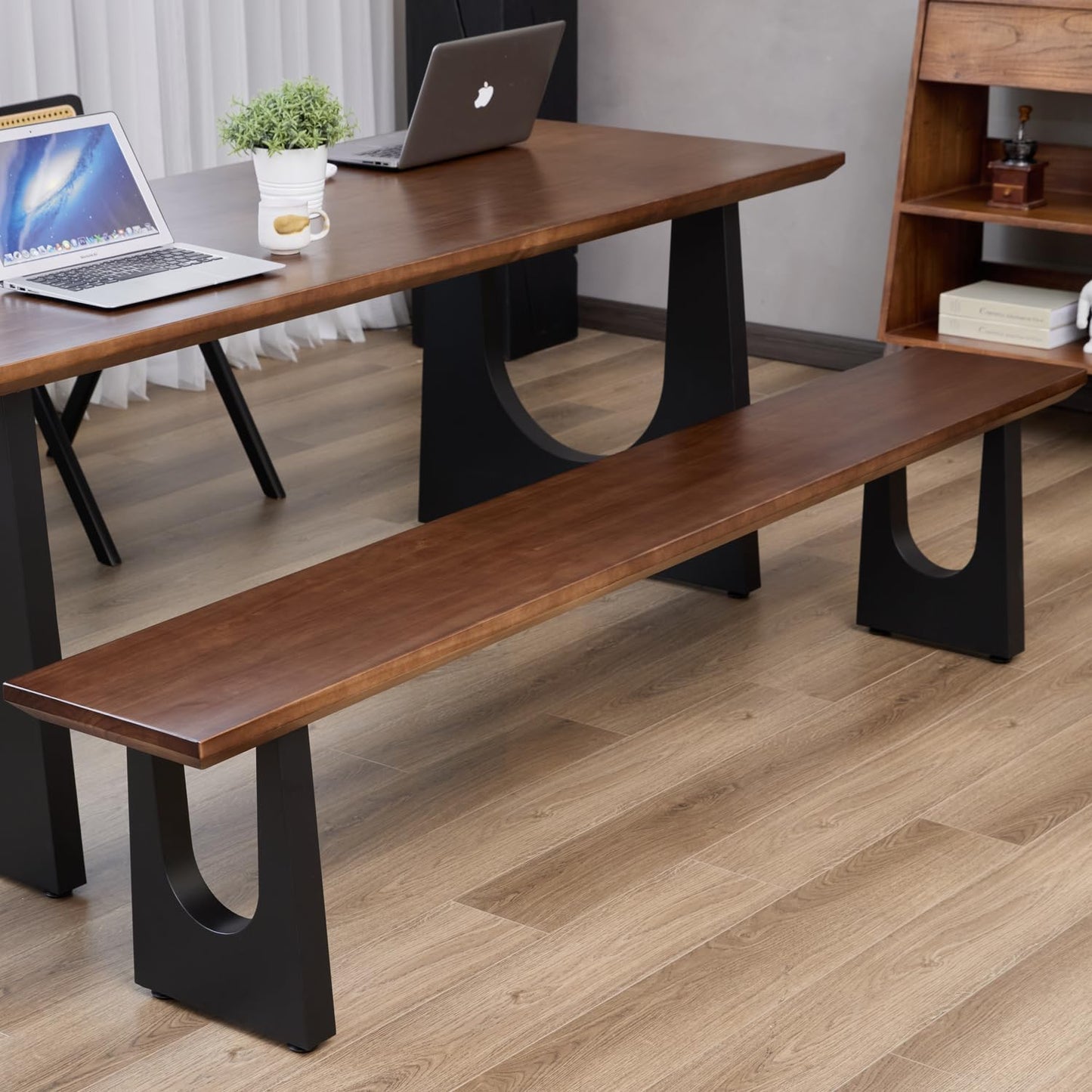 Walnut Color Long Bench Solid Wood Top Metal Legs U-Shaped Design Durable Sturdy Dining Bench Ideal for Office Home Restaurant Patio Multiple (Bench, 78.74in)