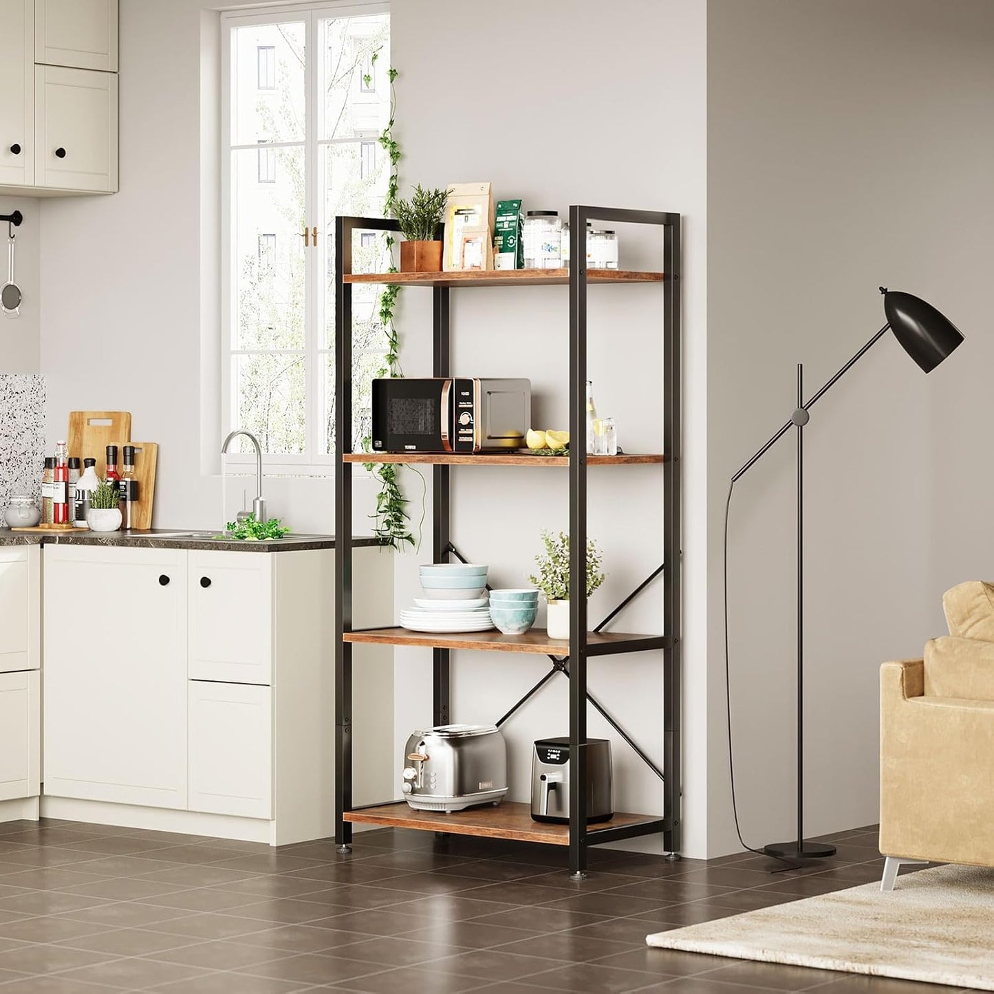 Casaottima Book Shelf, 4 Tier Bookshelf, Modern Wood Bookcase Shelves for Bedroom, Industrial Display Shelf for Living Room Home Office Kitchen, Standing Shelving Unit Storage Organizer, Vintage