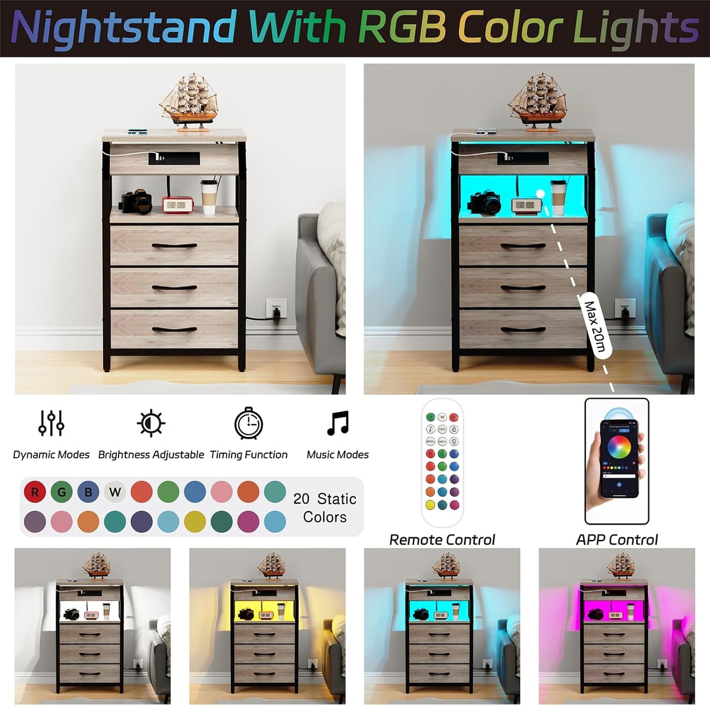 End Table with 3 Drawers, Night Stand with Charger Station and LED Lights, Small Nightstand with Fabric Storage, Farmhouse Side Table for Bedside, Living Room, Dorm, Greige