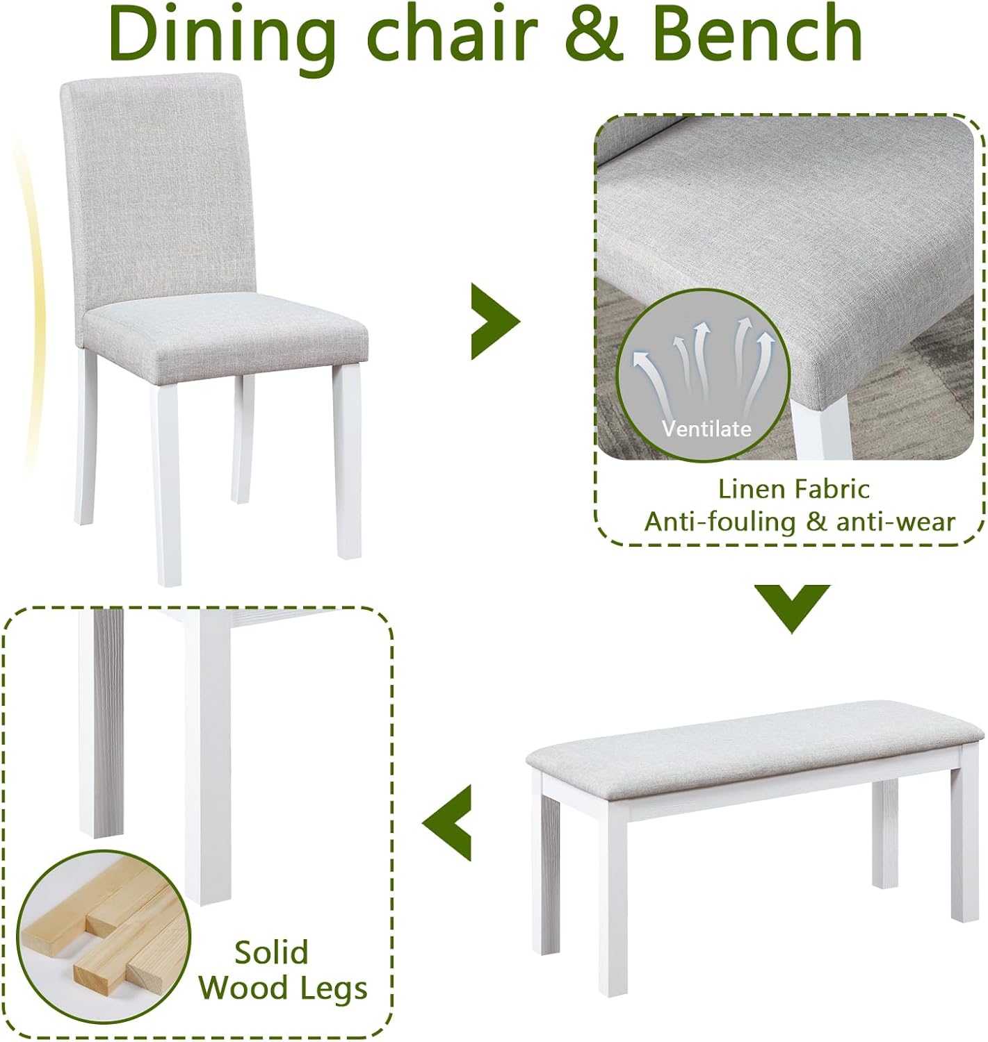 soges 6 Piece Wooden Dining Table Set, Dining Room Table with 4 Upholstered Chairs and Bench, Rectangular 6-Person Kitchen Dining Table Set with Crystal Decoration, White