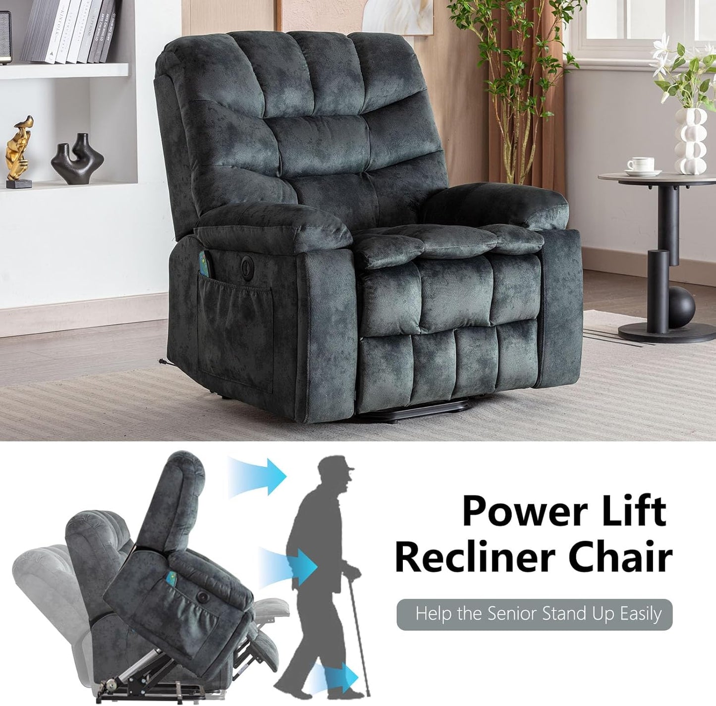 Phoenix Home Large Power Lift Recliner with Massage and Heat for Elderly, Heavy Duty & Safety Motion Reclining Mechanism, Ergonomic Electric Wider Chair with USB Port, 2 Hidden Cup Holders, Gray Green