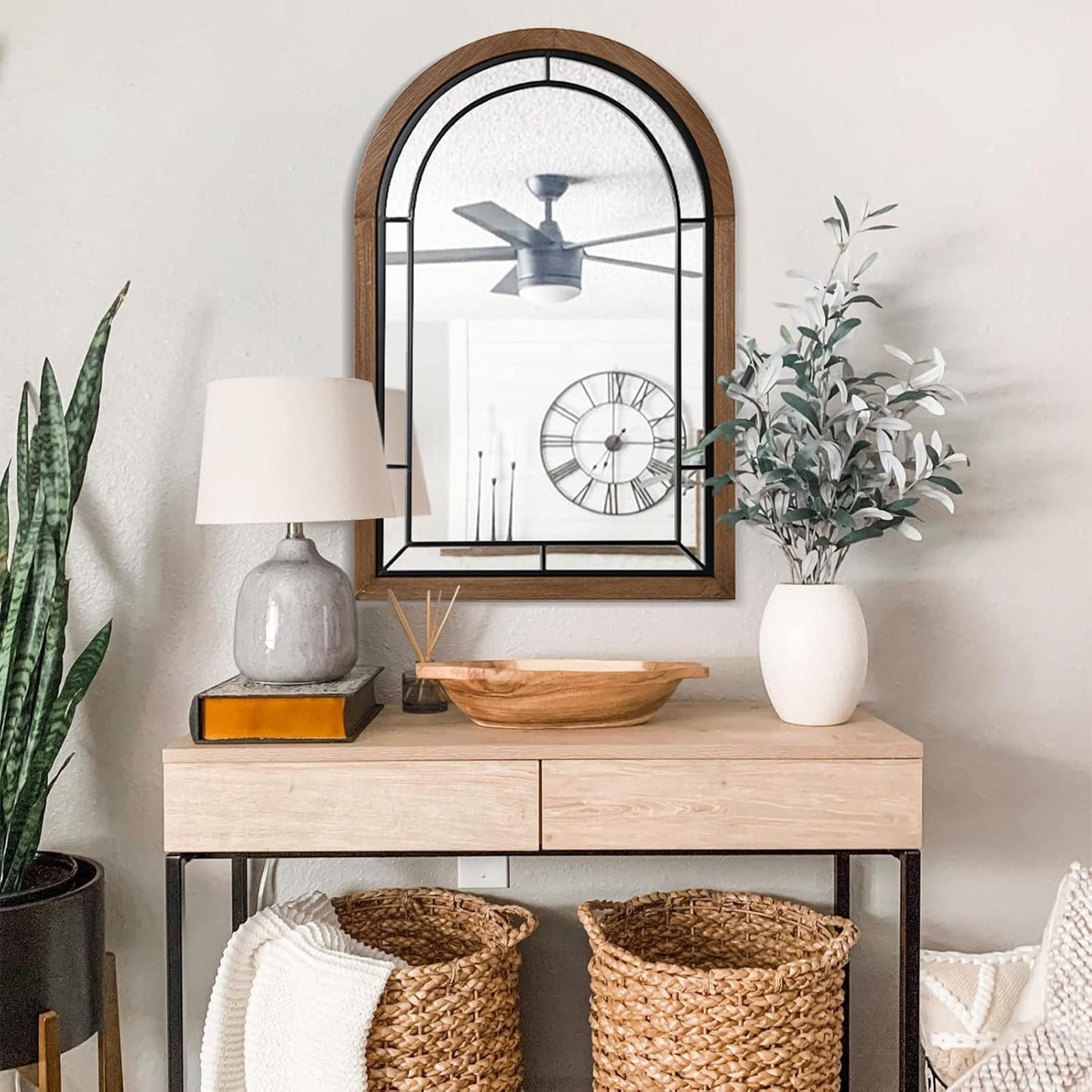 blue page Arched Mirror, Farmhouse Wall Decor Accent, Rustic Wood Framed Mirror Like Window for Bathroom Vanity, Bedroom, Entryway, and Living Room