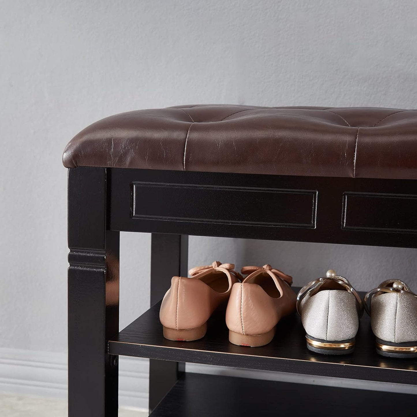 Shoe Storage Bench, Entryway Shoe Rack with Fiberleather Seat 2-Tier Lift Top Organizer Wooden Shoe Bench for Entryway Hallway Living Room (Black 39.4x13.8x18.9'')