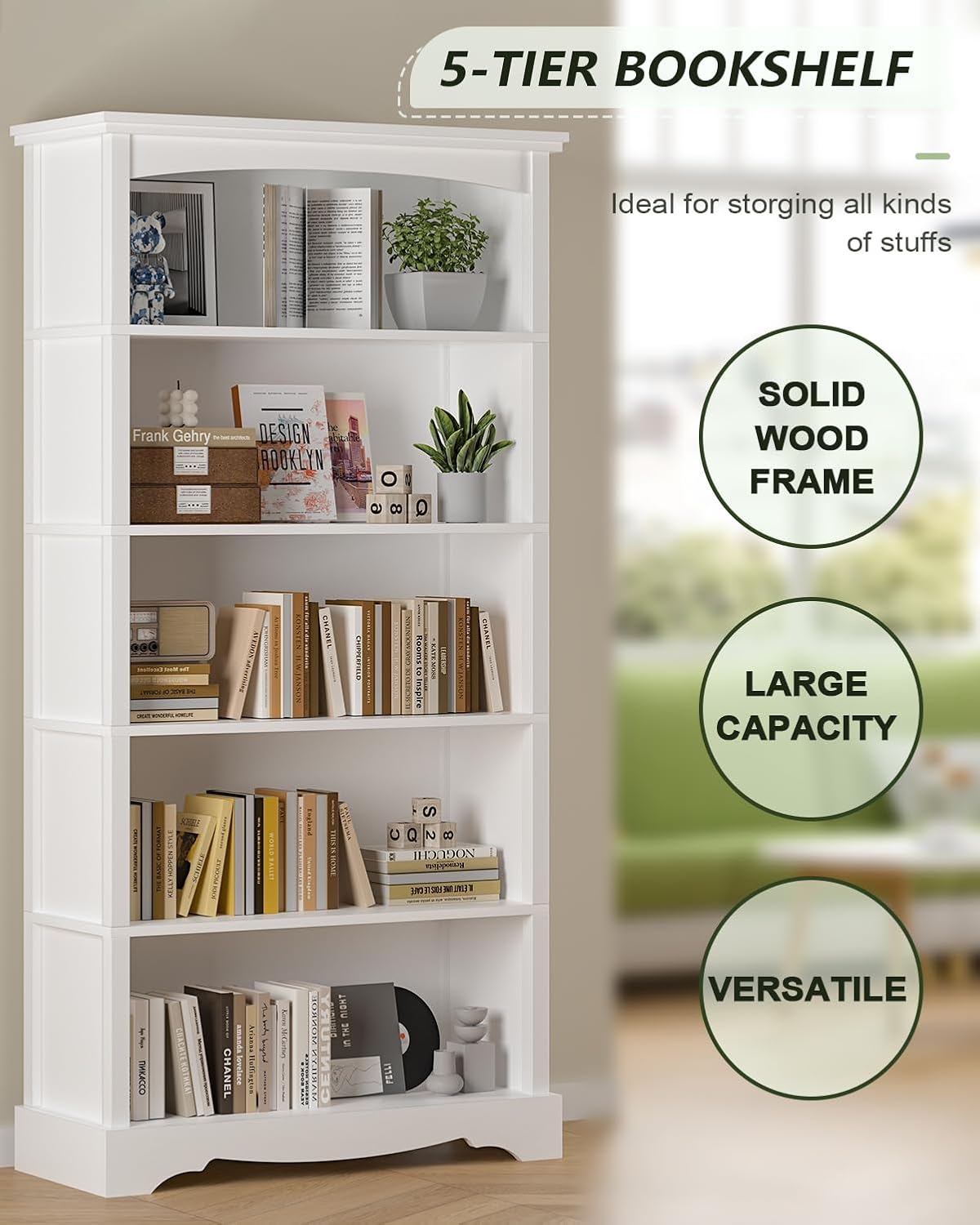 TVU 5-Tier Wood Book Shelf, 65 Inch Tall Bookshelf with Storage, Floor Standing Display Bookcase for Living Room, Office, Study Room, Entryway, White