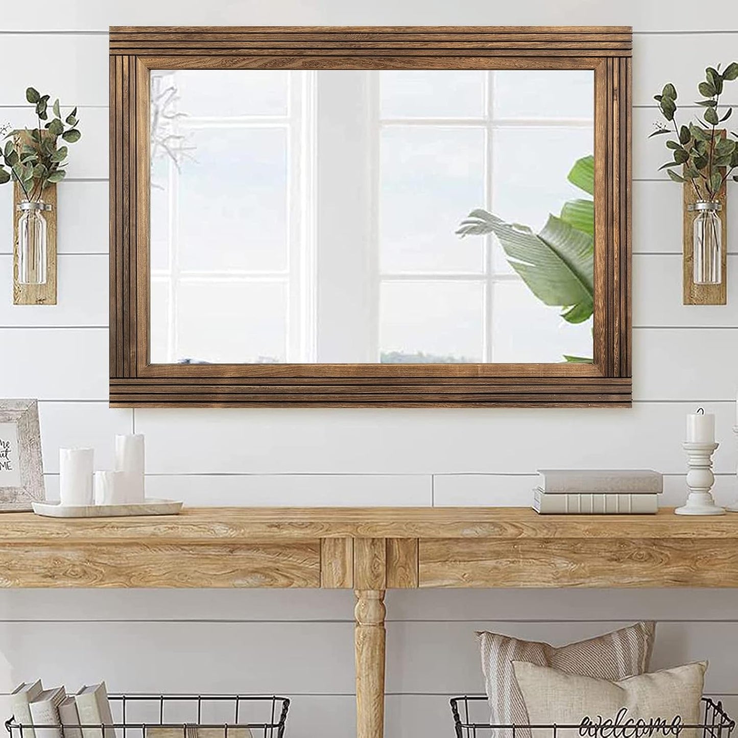 YOSHOOT Hand-Made Wooden Spliced Wall Mirror for Bathroom, Rustic Farmhouse Vanity Mirror, Décor Wall Art, Solid Wood Frame, Vertical or Horizontal Hanging