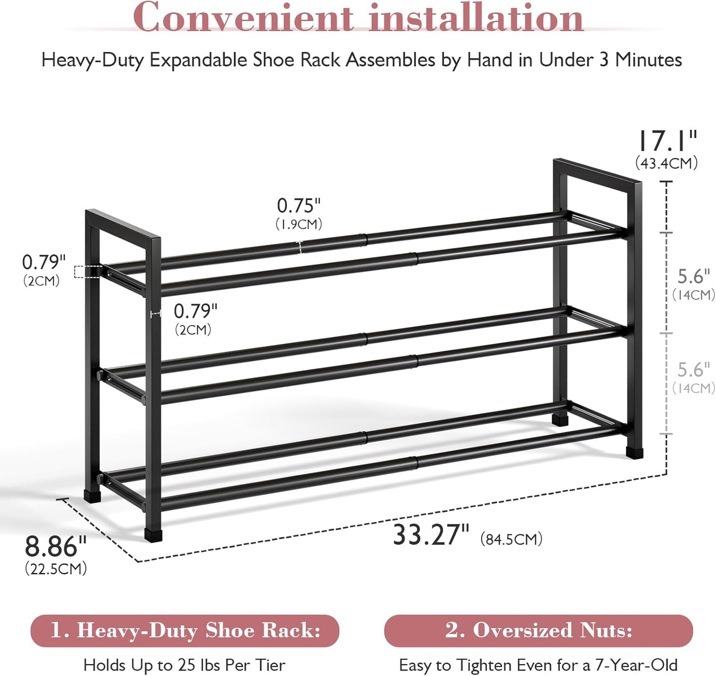 Bumusty 3-Tier Expandable Shoe Rack for Closet, 18“-33” Adjustable Shoe Rack for Small Space, Small Shoe Organizer for Front Door, Sturdy Metal, Black