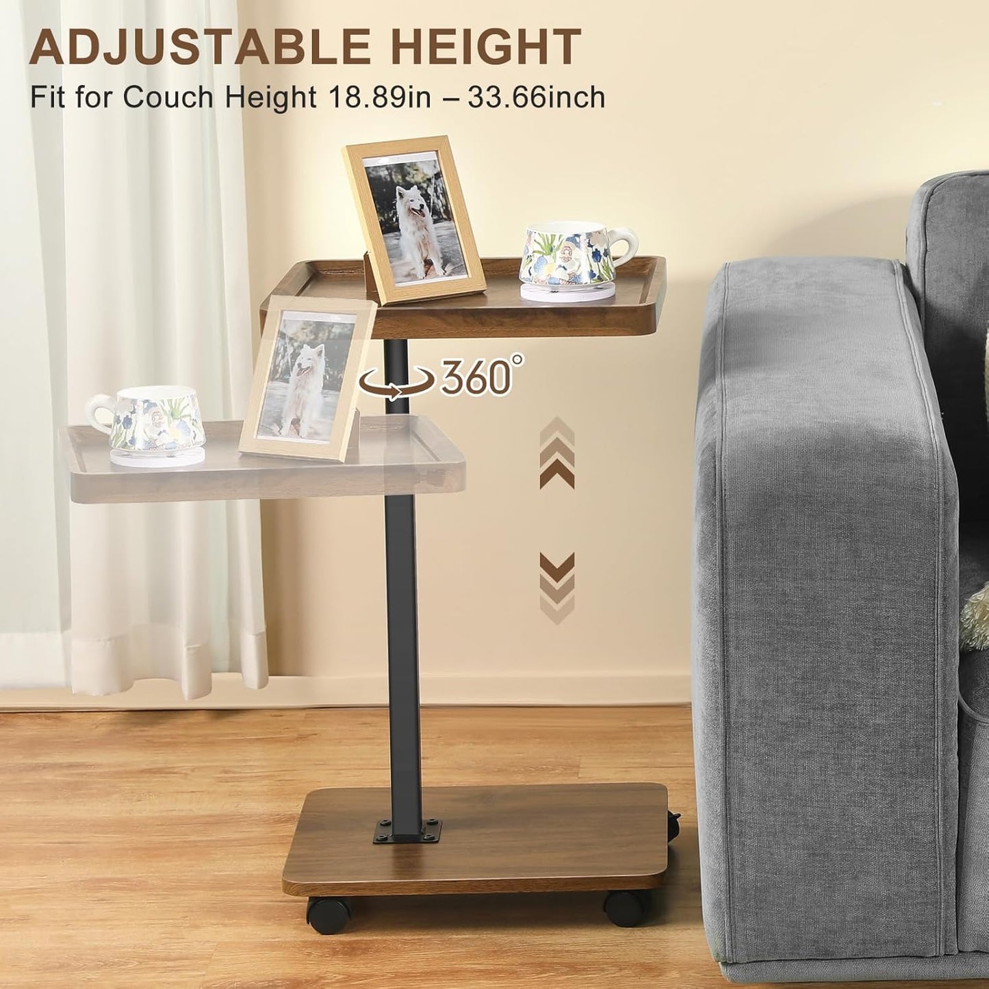 Adjustable Height Couch Tables That Slide Under Sofa, 360° Swivel Modern Tv Tray Table with Wheel, C Shaped End Table for Couch, C Table for Small Place, Perfect for Livingroom, Bedroom