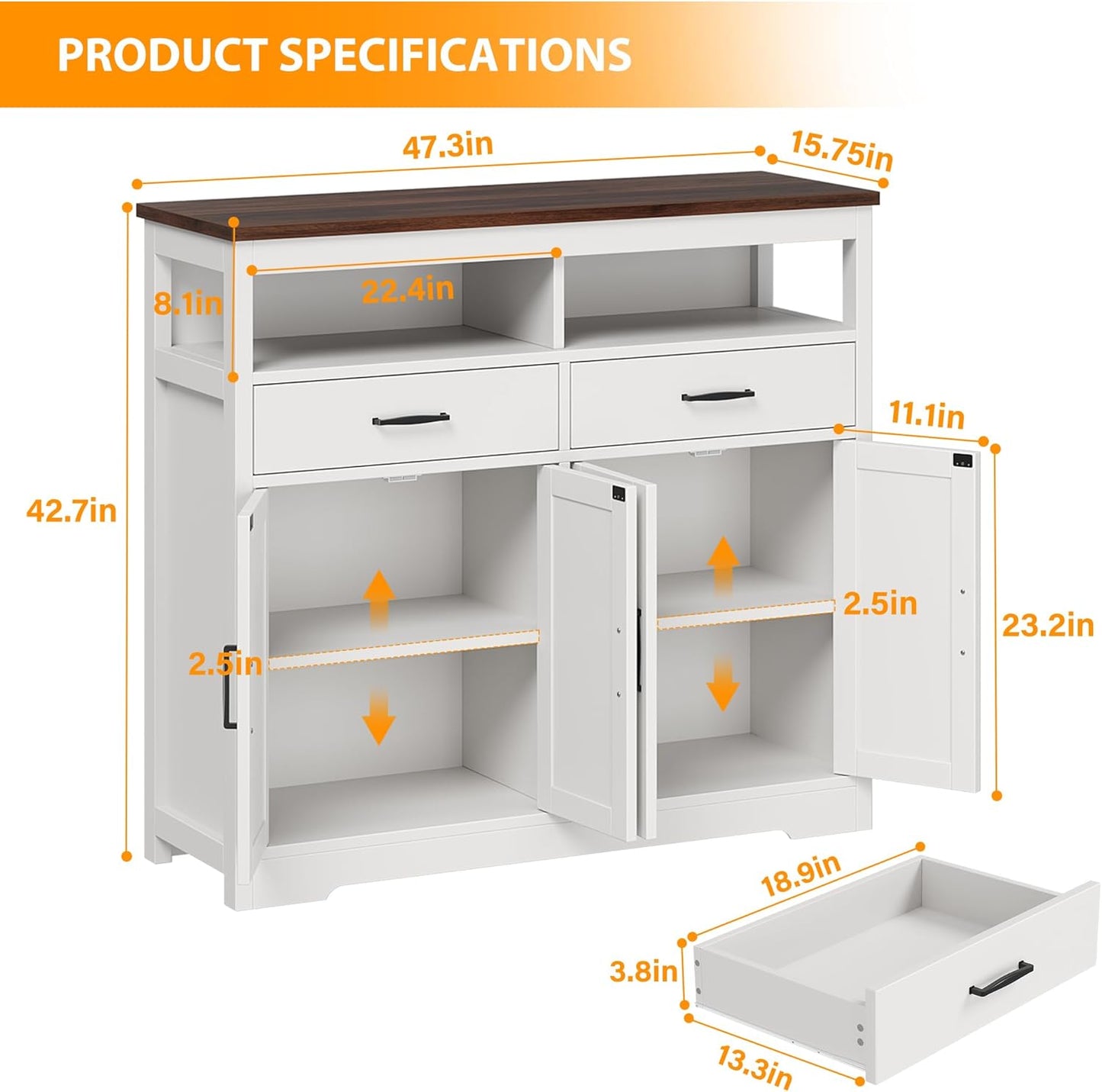 Buffet Sideboard with Storage Farmhouse with 4 Doors, 47'' Large Kitchen Storage Cabinet Wood Coffee Bar Cabinet Buffet Table with Shelves for Kitchen, Dining Room, Entryway