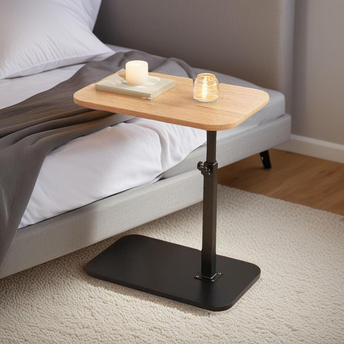 C End Table Adjustable Height,C Shaped Side Tables Living Room and Bedroom for Sofa, Chair,Bed,Coffee Small Spaces Side Table (Wood Grain Color)