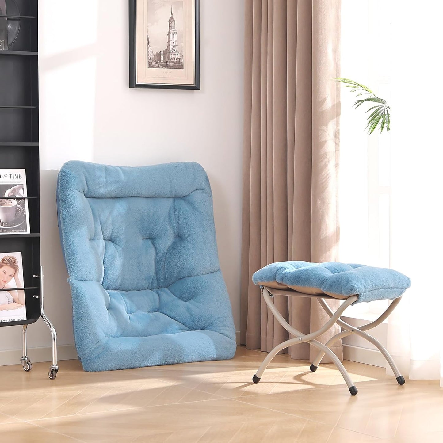 Saucer Chair with Ottoman, Comfy Oversized Folding Chair, Faux-Fur Reading Chair for Teens, Adults, Foldable Accent Lazy Chair, Metal Frame Lounge Chair for Living Room, Bedroom, Blue
