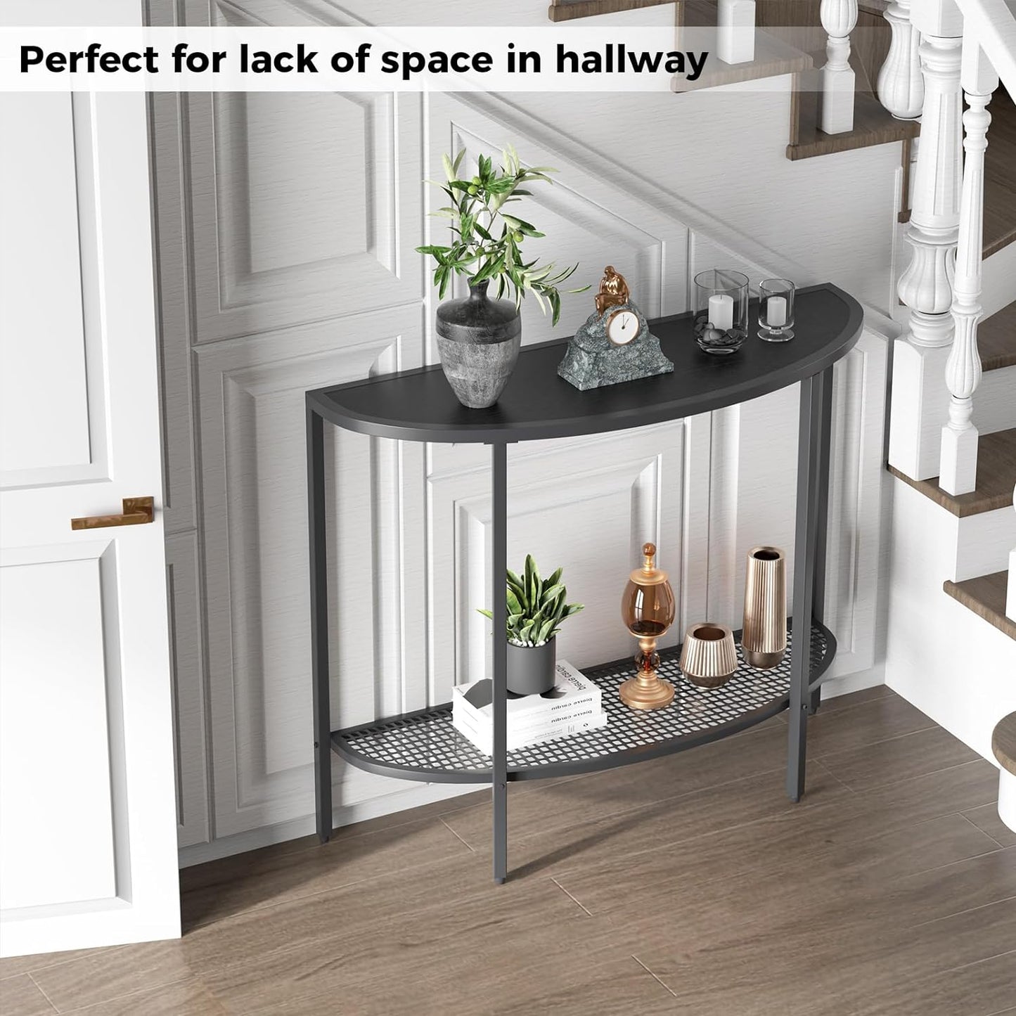 SAYGOER Black Half Moon Console Table 2 Tier Narrow Entryway Table with Storage Modern Couch Table Small Entry Way Tables, Easy Assembly, All Black
