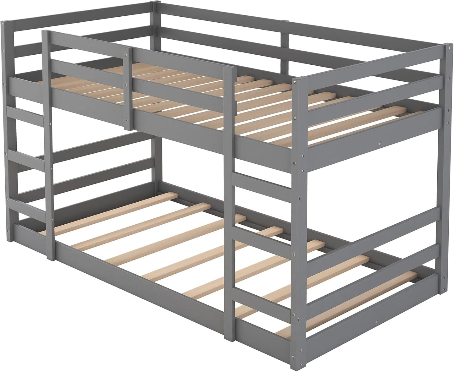 Ball & Cast Twin Over Full Bunk Bed with Two Drawers,Convertible Solid Wood Bed Frame with Ladder & Full Length Guardrails, Detachable Bunk Beds for Kids,Teens,Space Saving, No Box Spring Needed,Grey