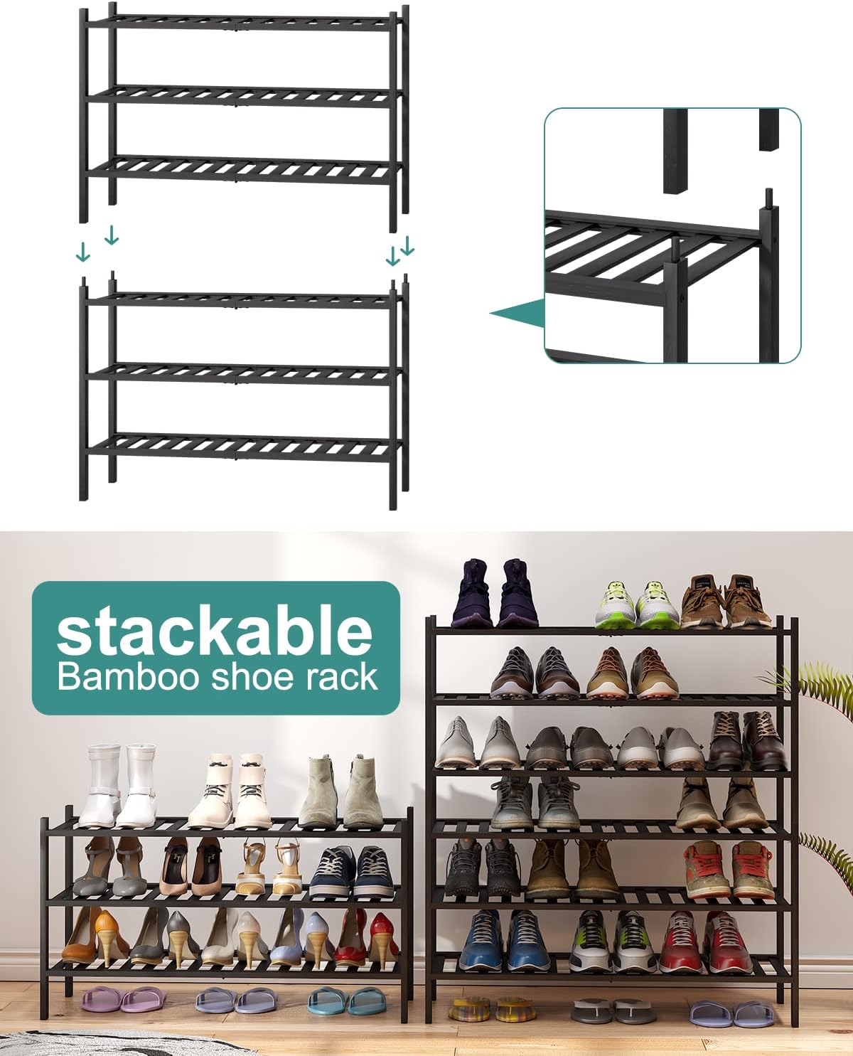 3-Tier Long Black Shoe Rack, Bamboo Wood Shoe Rack for Closet, Entryway & Hallway, Stackable | Functional | Sturdy