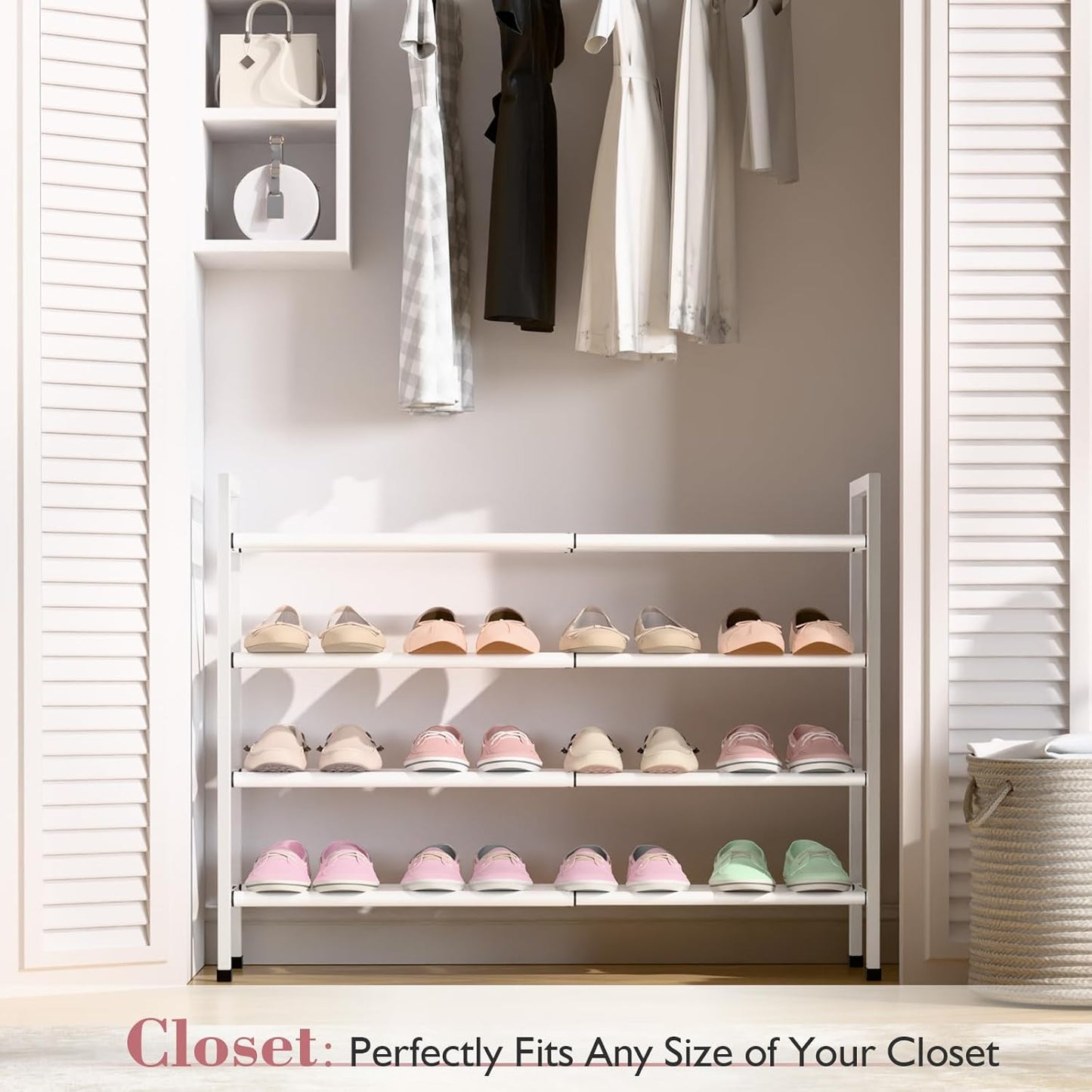 Bumusty 4-Tier Expandable Shoe Rack for Closet, 18“-33” Adjustable Shoe Rack for Small Space, Small Shoe Organizer for Front Door, Sturdy Metal, White