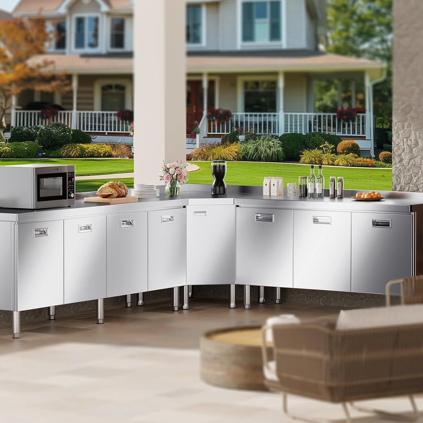 ZZV 59 inch Stainless Steel Prep Table with Storage Stainless Steel Cabinet for Prep & Work Commercial Worktable with Cabinet and 3 Doors for Kitchen, Restaurant, Hotel, Garage, Warehouse, Outdoor