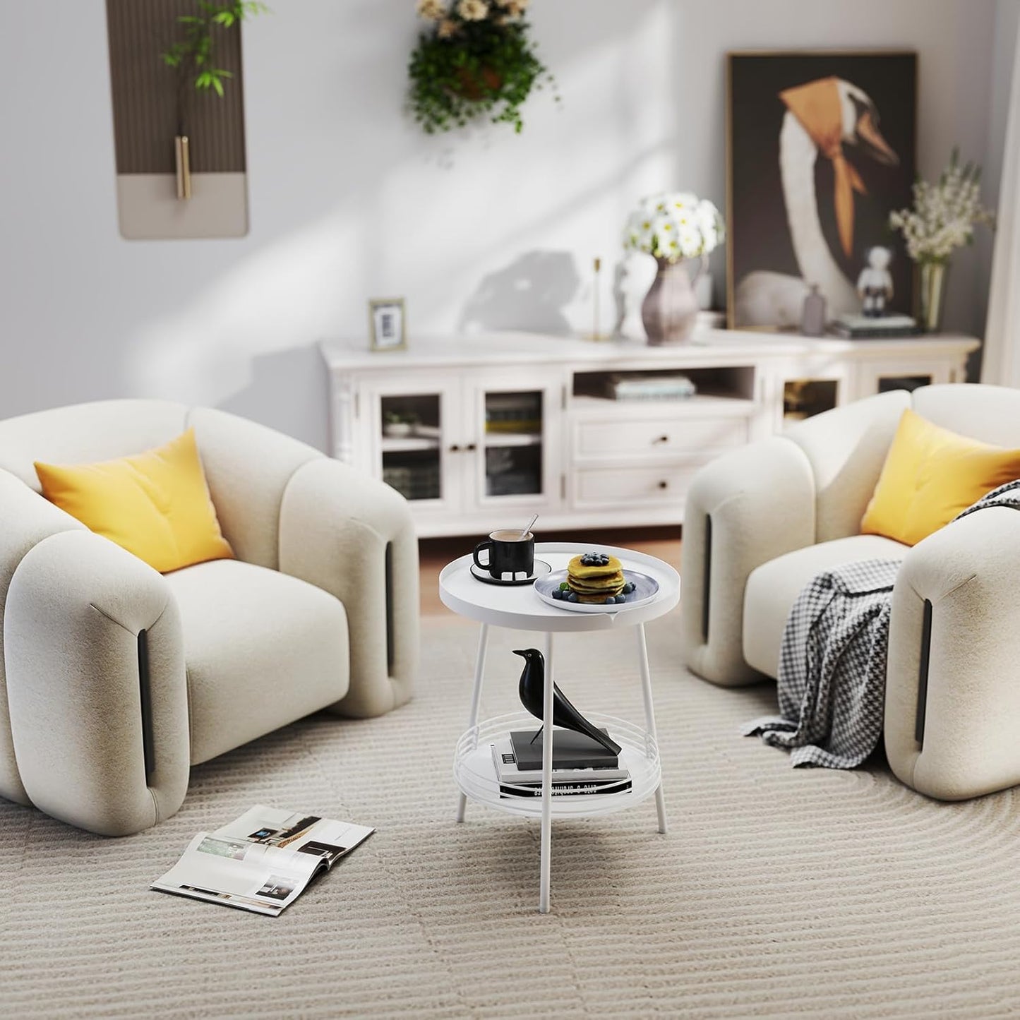 Benkyo 2 Tier White Metal Round Side Table Tiered Two Shelf Storage Coffee Sofa End Table for Living Room and Bedroom,White