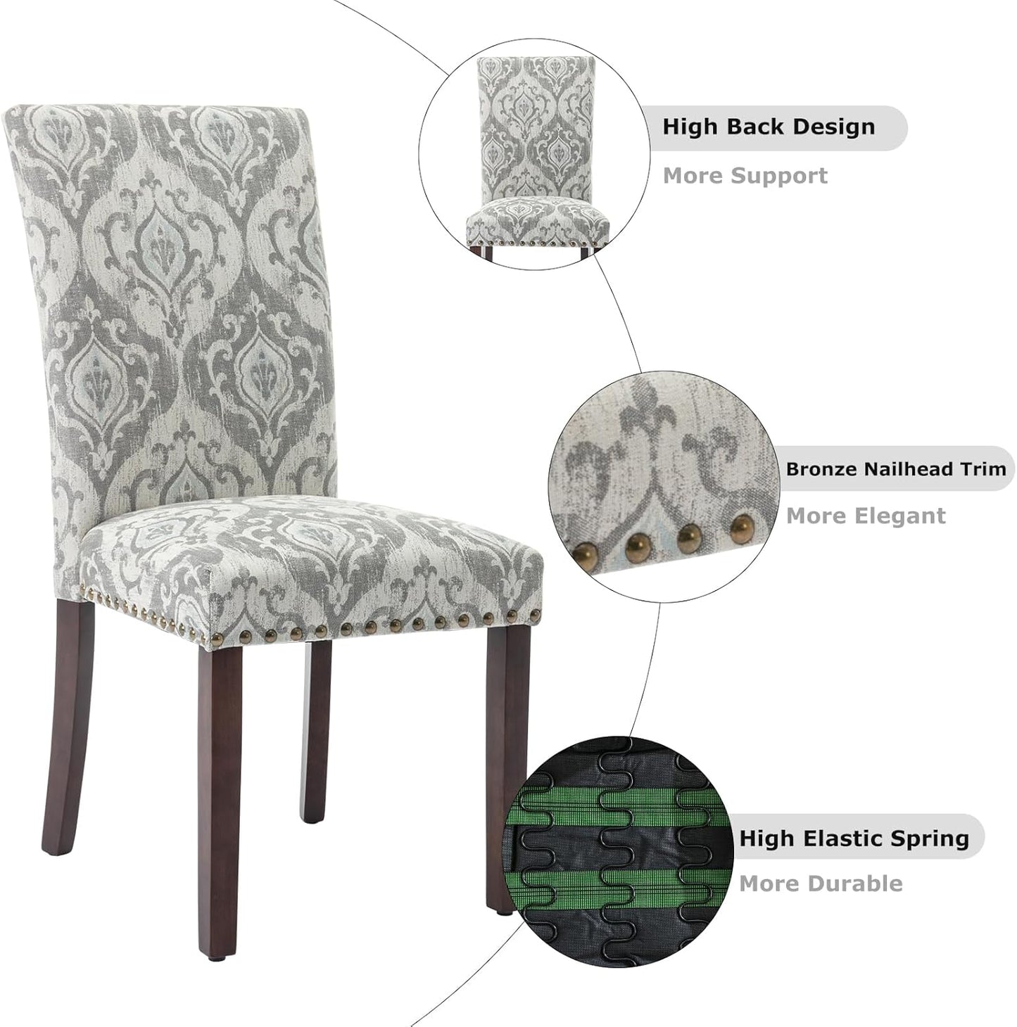 COLAMY Upholstered Parsons Dining Chairs Set of 2, Fabric Dining Room Kitchen Side Chair with Nailhead Trim and Wood Legs - Grey/White Flower