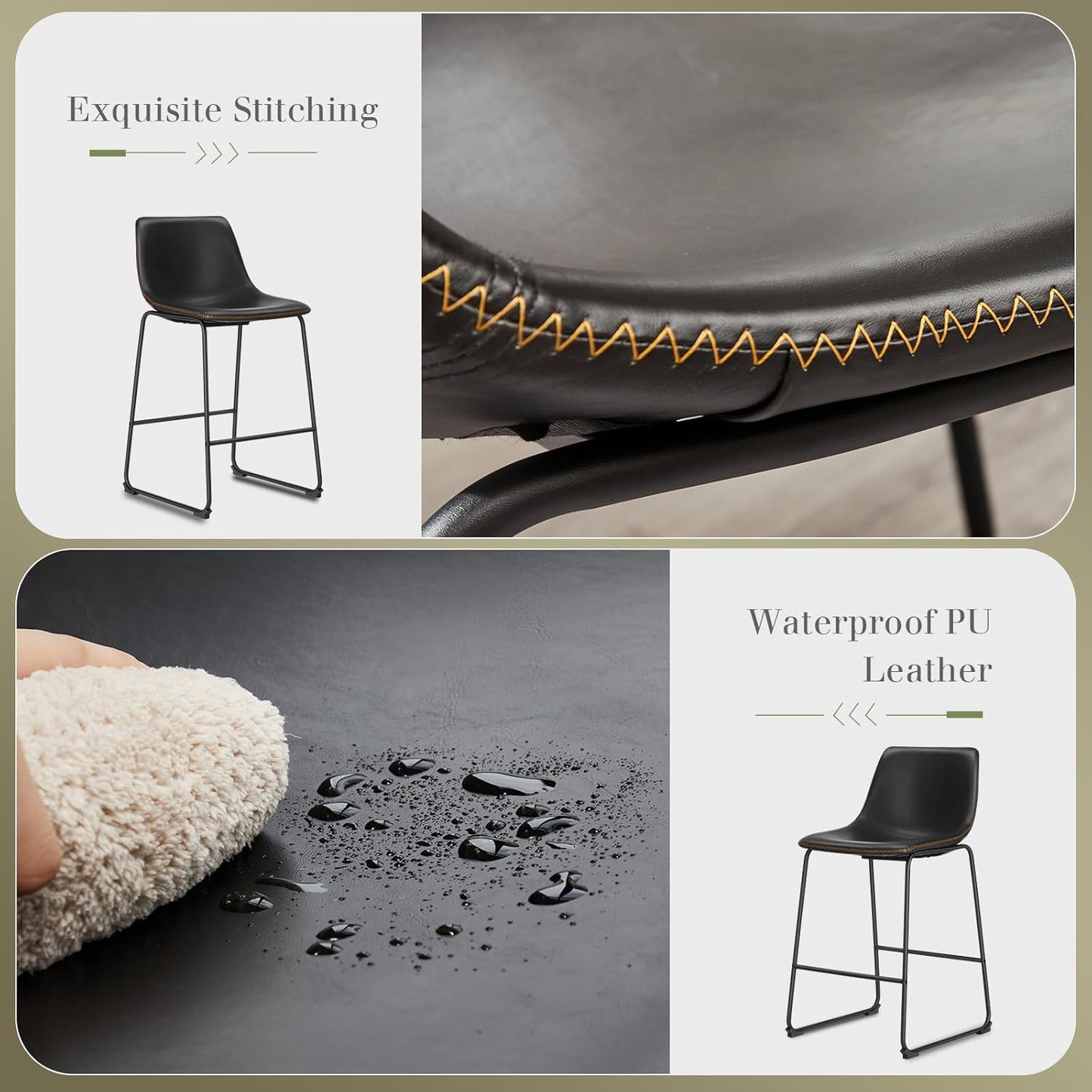 DUMOS 26 Inch Counter Height Bar Stools Set of 4, Modern Faux Leather High Barstools with Back and Metal Leg, Bar Chairs for Kitchen lsland, Black