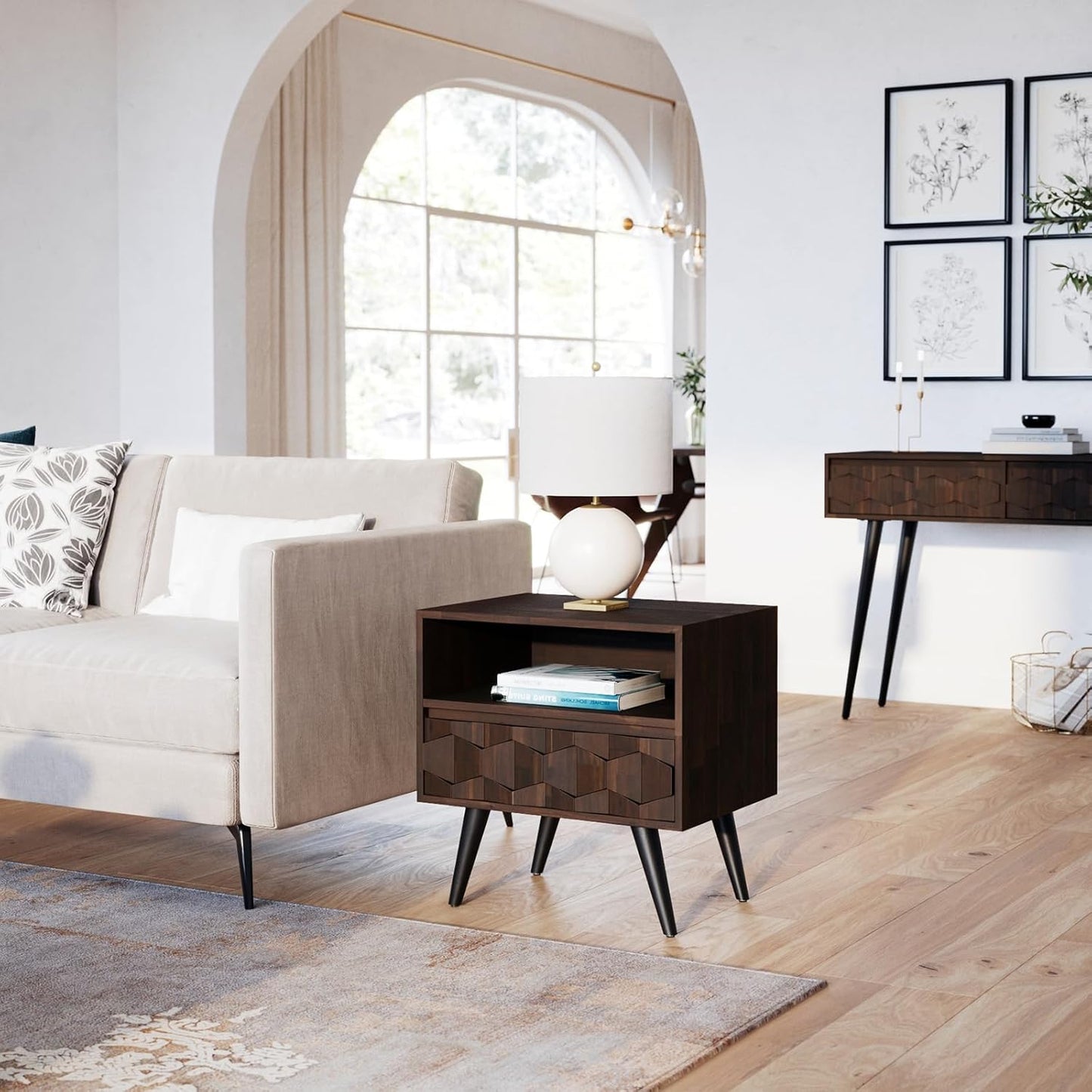 Bme Georgina Solid Wood Nightstand With 1 Drawer & Open Shelf- Fully Assembled Mid Century Modern Side Table - Geometric Pattern Bedside Dresser for Bedroom and Living Room