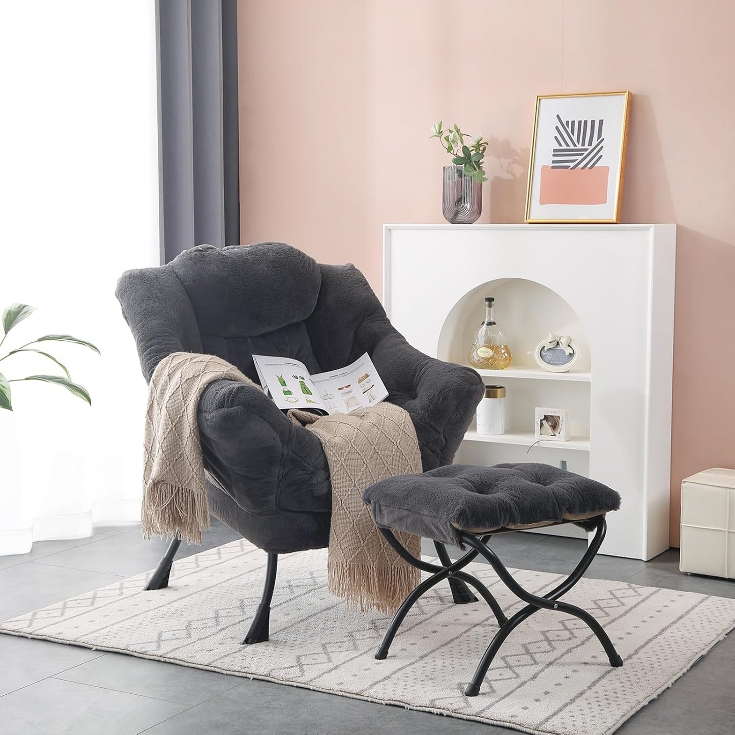 Lazy Chair with Folding Ottoman, Modern Accent Lounge Armchair with Armrests and a Side Pocket & Foldable Footstool, Leisure Reading Chair for Living Room, Bedroom, Dorm & Office, Plush Navy