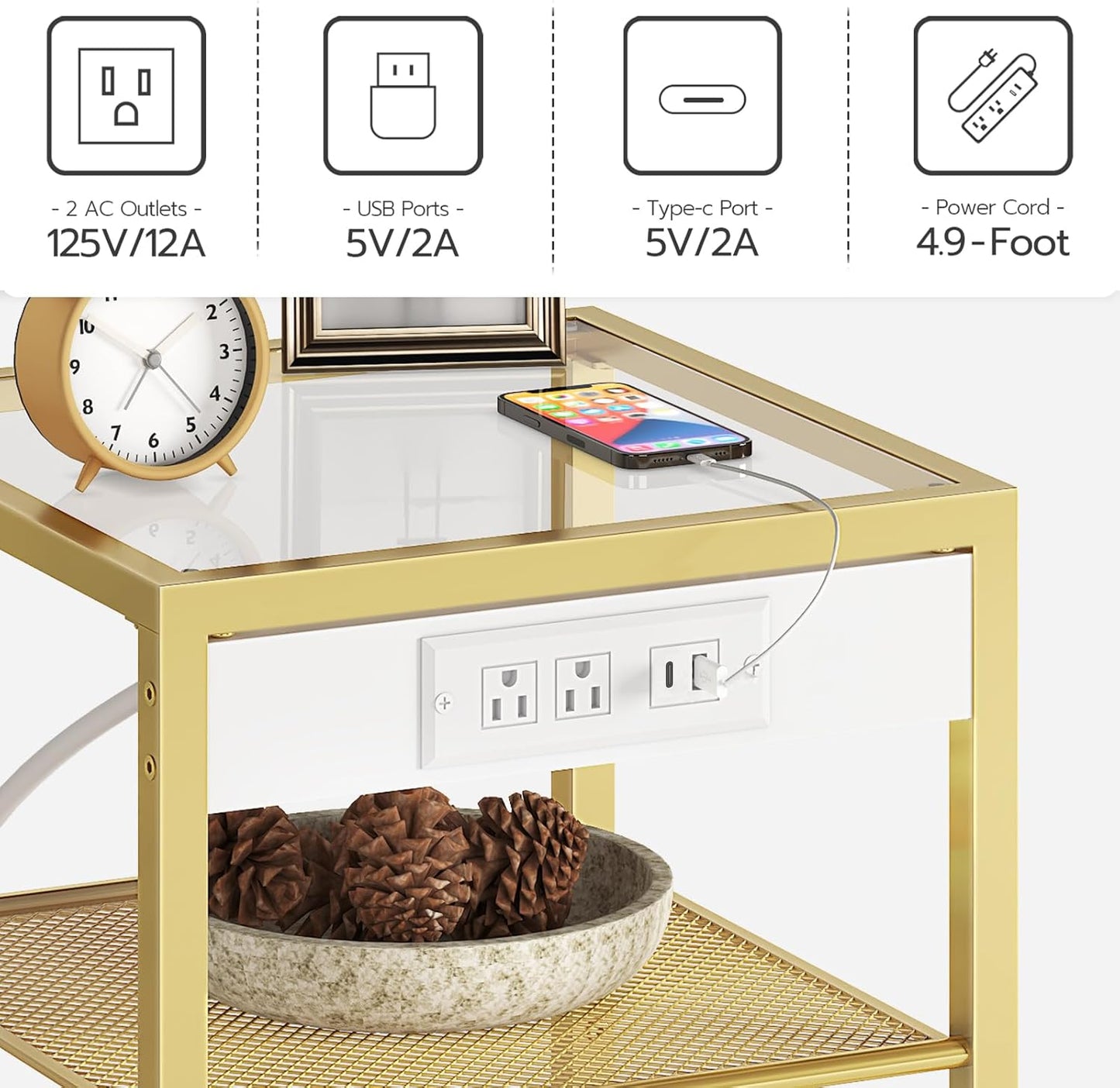 HOOBRO End Table with Charging Station, Side Table with USB Port & Power Outlets, 3-Tier Slim Nightstand with Storage Shelves, Tempered Glass, for Living Room, Bedroom, Gold GD77UBZ01