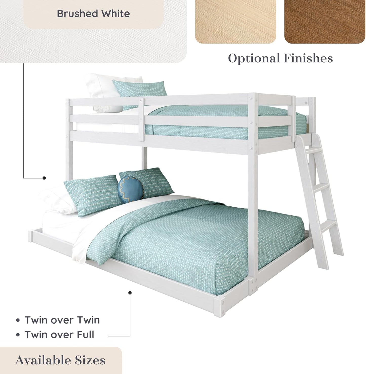 Grain & Grove Bear Twin Over Full Bunk Bed, Low Bunk Bed Frame for Kids, Bunk with Ladder, Guardrail, and Slats, No Box Spring Required, Brushed White