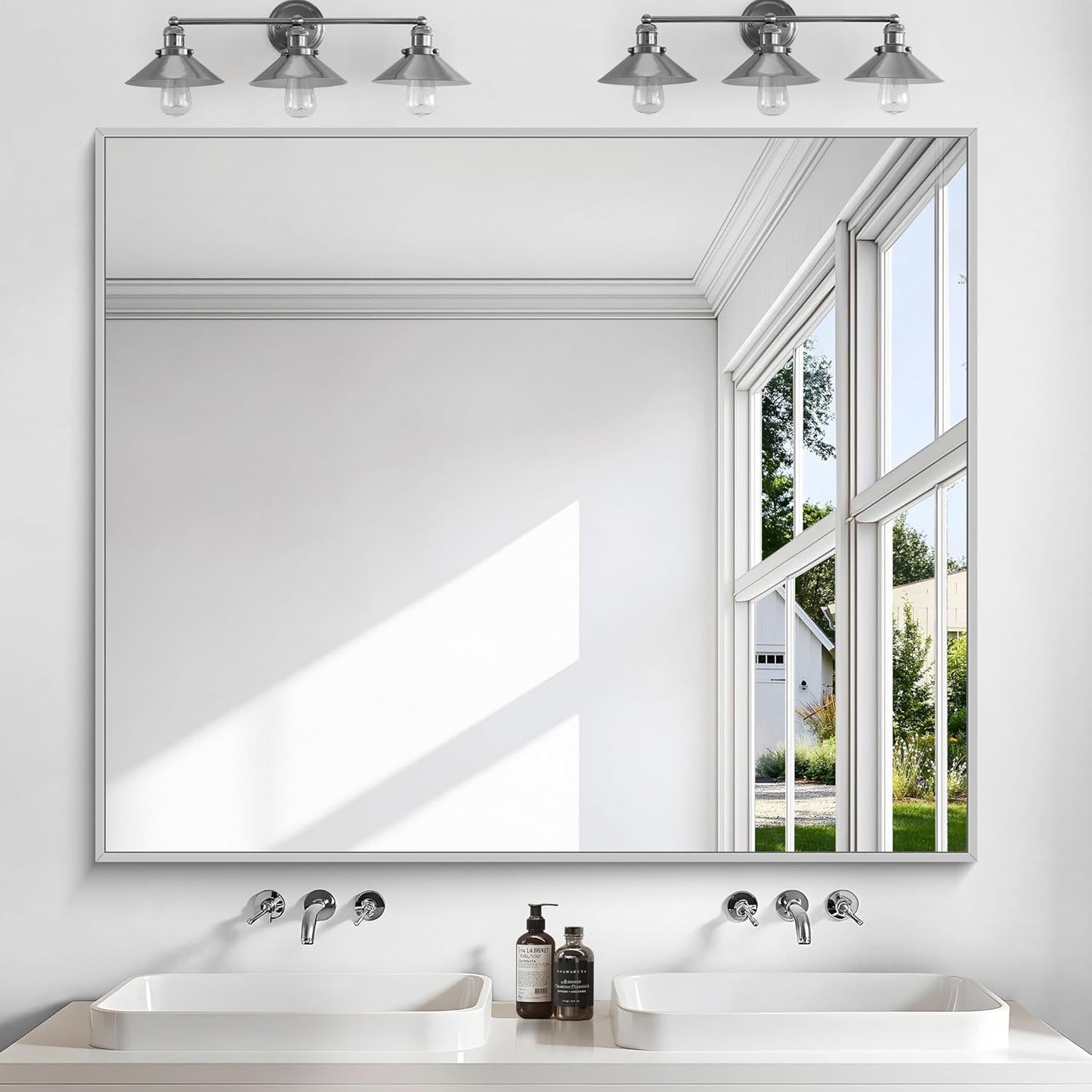 KOCUUY Silver Bathroom Mirror, 40"x48" Large Rectangular Mirror with Metal Frame, Brushed Nickel Vanity Mirror with Modern Design for Bathroom, Living Room, Entryway, Hang Horizontal/Vertical