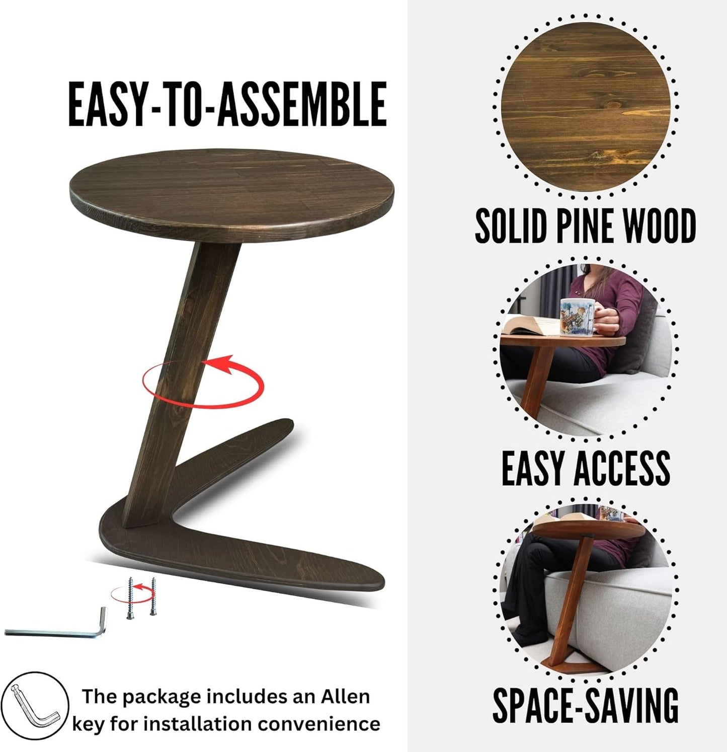 C-Shaped Handmade Solid Wood End Table, Side Table for Couches, Sofa Tables Slide Under Couch for Living Room, Over Couch TV Tray Table for Small Spaces (Medium, Dark Walnut)