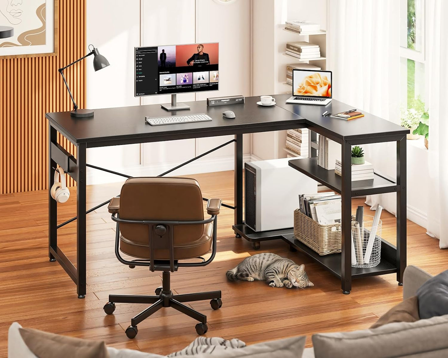 Casaottima L Shaped Computer Desk, 40 Inch Small Corner Desk with Storage Shelves & PC Stand, Reversible Gaming Desk for Bedroom, Modern Writing Study Table for Home Office, Black