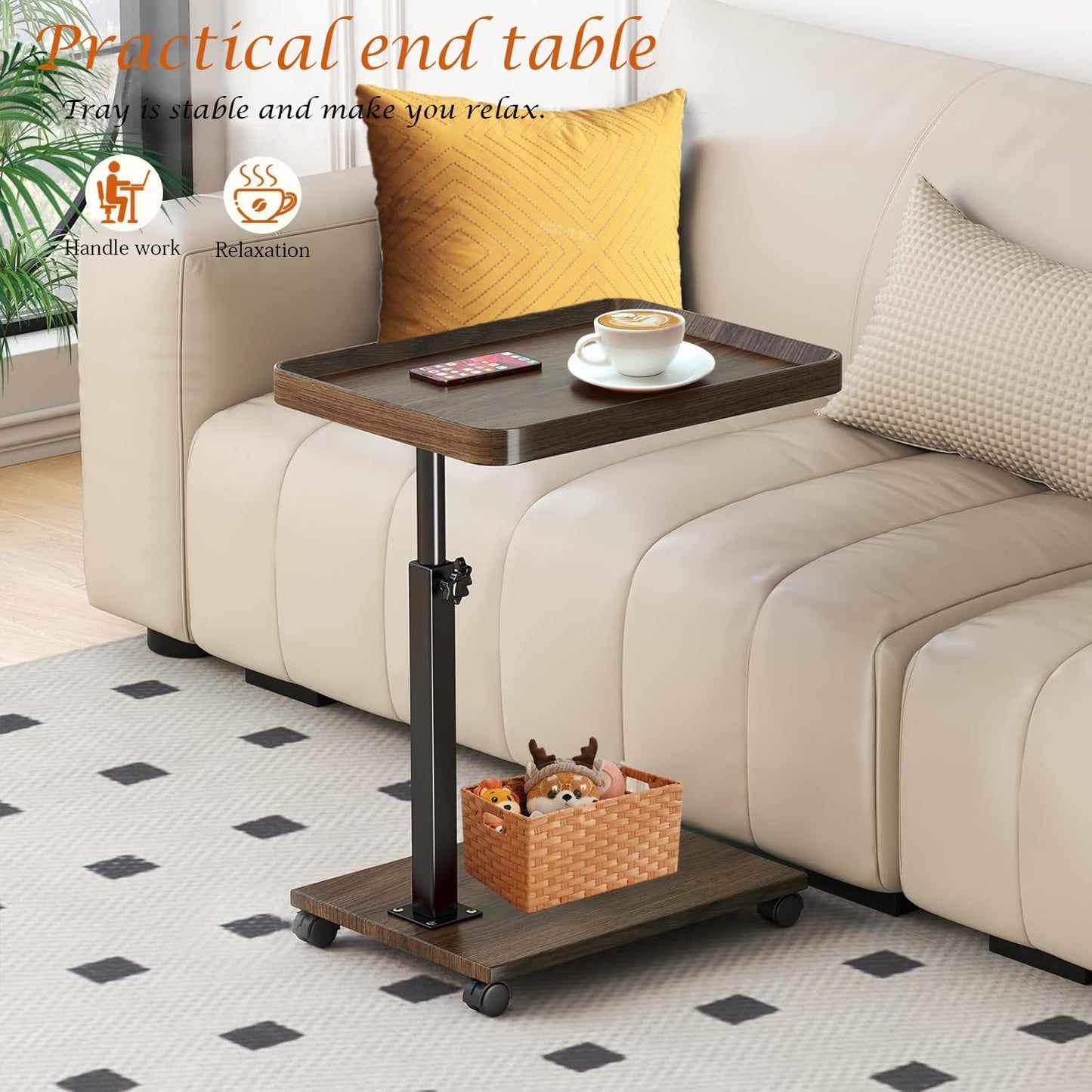 C Table End Table Adjustable Height, 360°Swivel TV Tray Table for Small Spaces, Couch Tables That Slide Under, C Shaped Side Tables with Wheels for Living Room and Bedroom, Bed