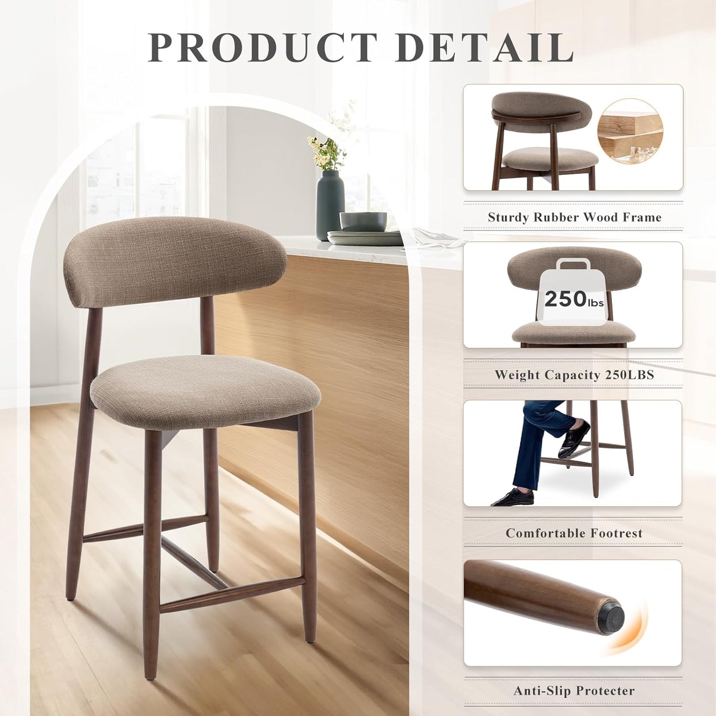 COLAMY Bar Stools Set of 2, Counter Height Barstools, Upholstered Counter Stools with Wood Legs for Kitchen Island Dining Room, Camel