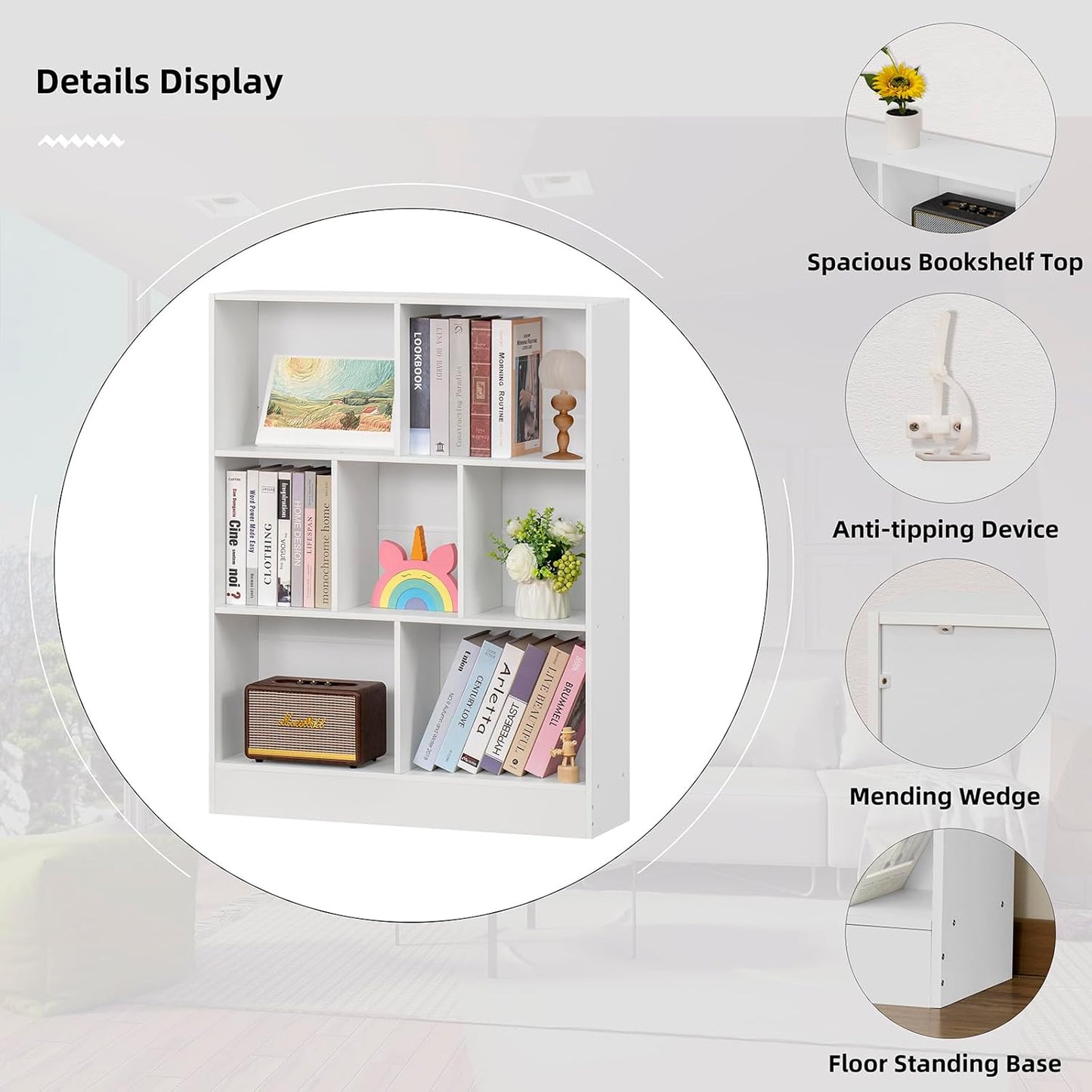 YAHARBO White 7 Cube Bookshelf,3 Tier Modern Horizontal Bookcase,Wooden Low Book Shelf Display Storage Cabinet with Base,Floor Standing Short Bookshelves Open Organizer for Bedroom,Living Room,Office