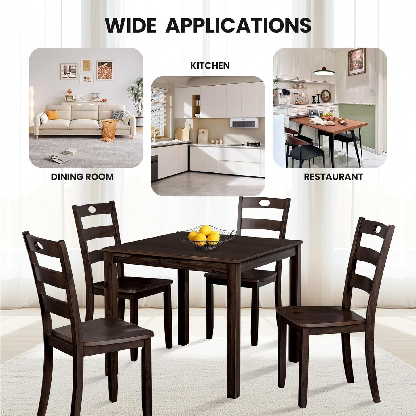 5-Piece Dining Table Set, Solid Rubber Wood Dining Room Table Set for 4, Modern Table and Chair Set for Kitchen Dining Room Restaurant Bar,Espresso