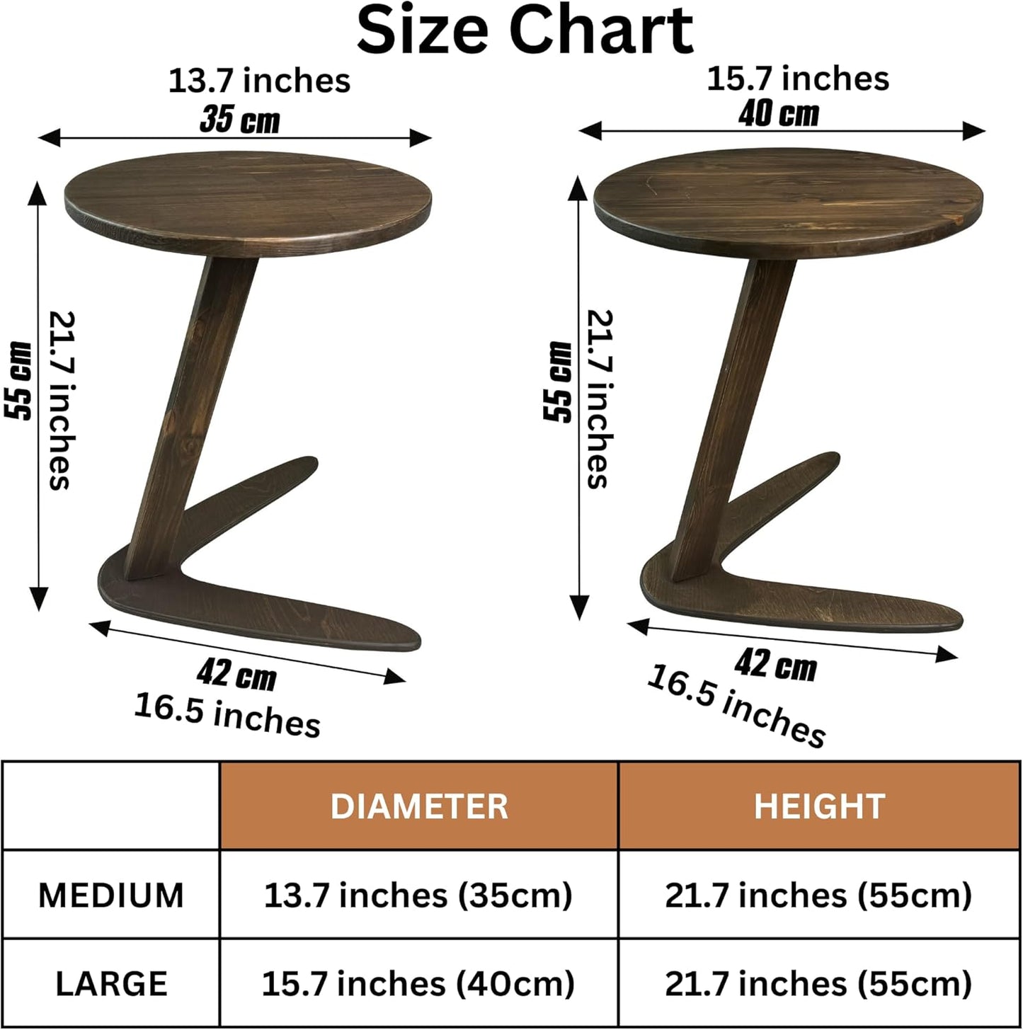 C-Shaped Handmade End Table, Side Table for Couches, Sofa Tables Slide Under Couch for Living Room, Over Couch TV Tray Table for Small Spaces (Large, Dark Walnut)