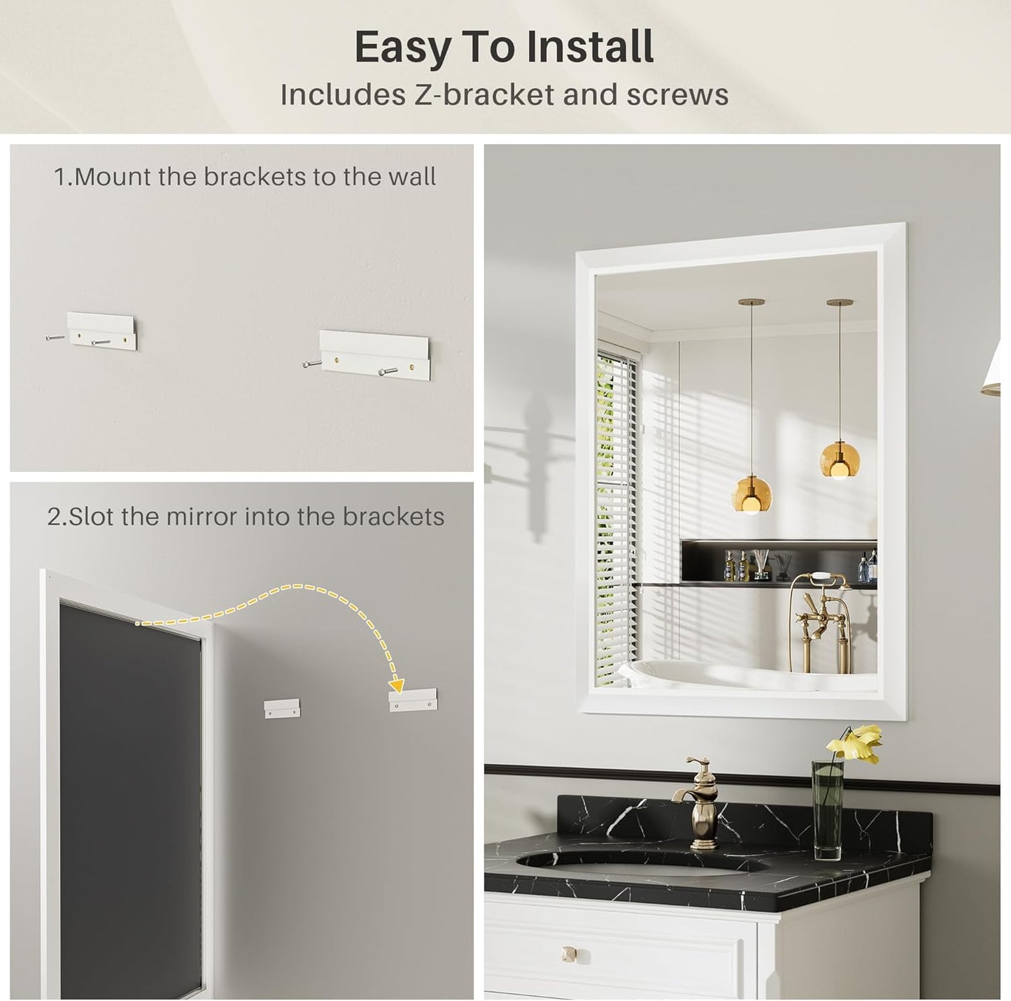 24x32 Inch White Bathroom Mirror for Wall, Thick Metal Framed Rectangle Mirrors for Over Sink, Bedroom, Living Room, Entryway, Anti-Rust, HD Tempered Glass