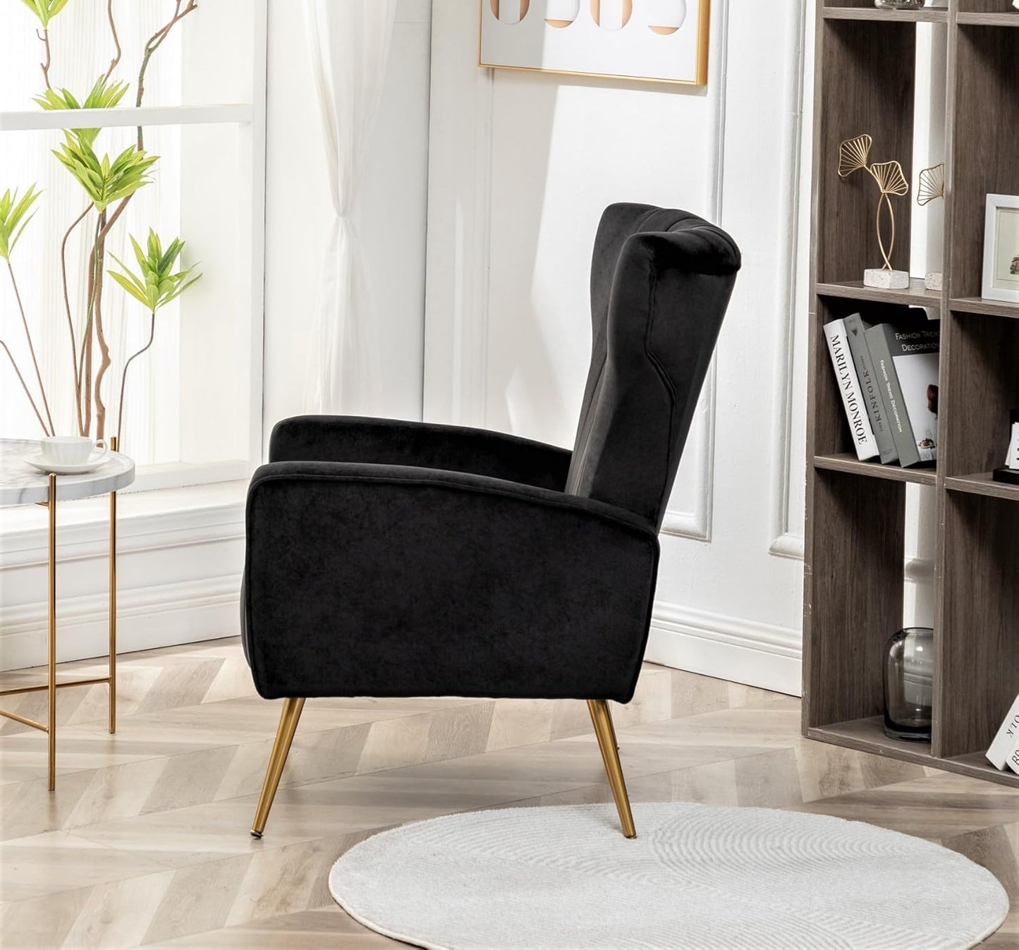 Container Furniture Direct Modern Velvet Accent Chair, Channel Tufted Bedroom, Office or Living Room Furniture with Elegant Metal Legs, 26" Wide Armchair, Black
